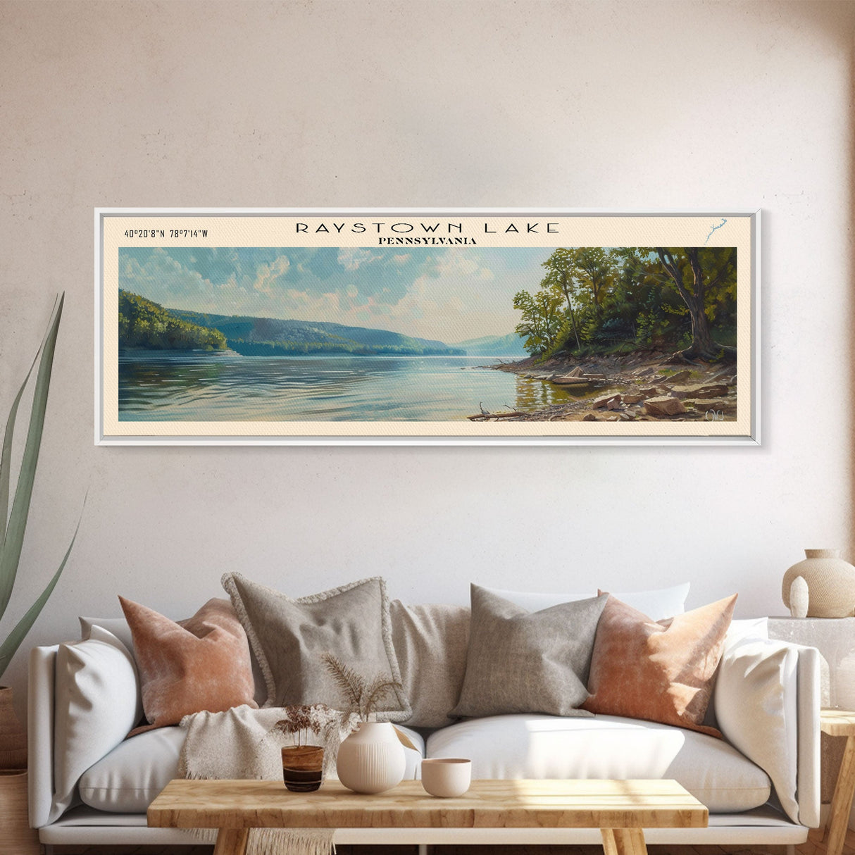 Raystown Lake Pennsylvania Framed Canvas Print, Lake House Decor, Wall Art, Panoramic Travel Poster, Scenic Landscape Painting, Modern Art