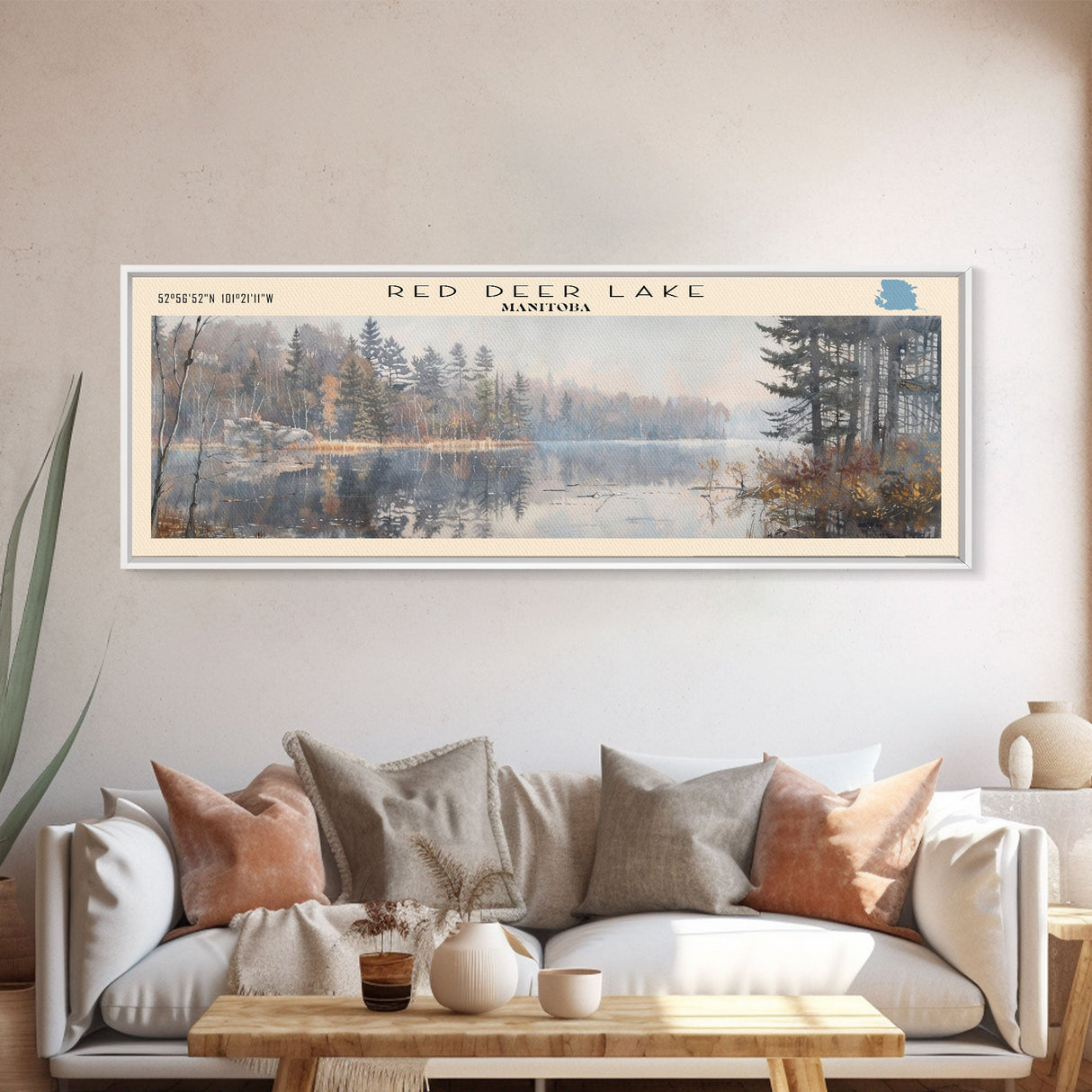 Red Deer Lake Framed Canvas Print, Lake House Decor, Panoramic Wall Art, Travel Poster, Beautiful Landscape Painting, Contemporary Art