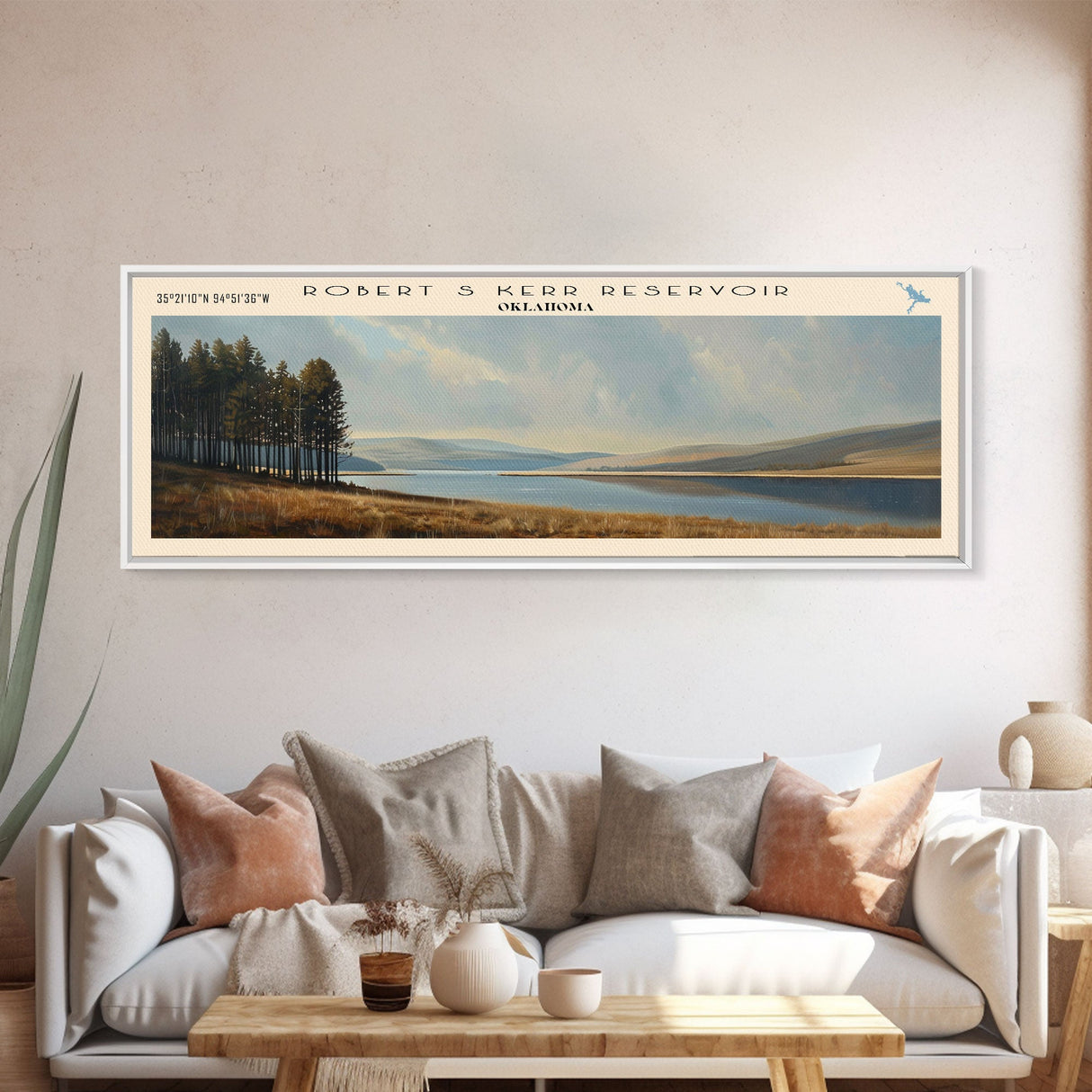 Robert S. Kerr Reservoir Framed Canvas Print, Lake House Decor, Panoramic Wall Art, Travel Poster, Beautiful Landscape Painting, Living Room Decor