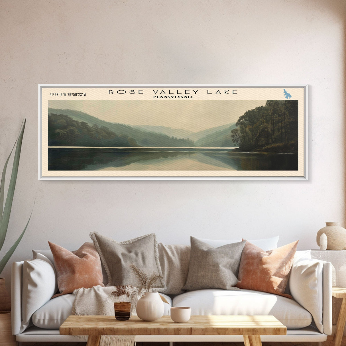 Rose Valley Lake Pennsylvania Framed Canvas Print, Lake House Decor, Panoramic Wall Art, Travel Poster, Beautiful Landscape Painting, Contemporary Art