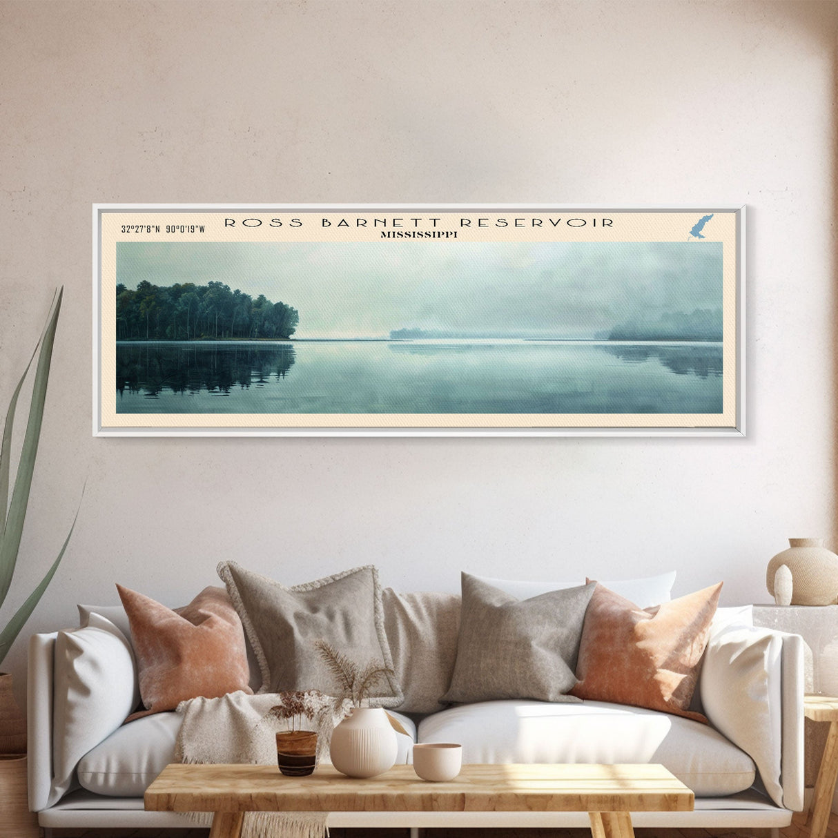 Ross Barnett Reservoir Mississippi Framed Canvas Print, Lake House Decor, Panoramic Wall Art, Travel Poster, Scenic Landscape Painting, Home Decor