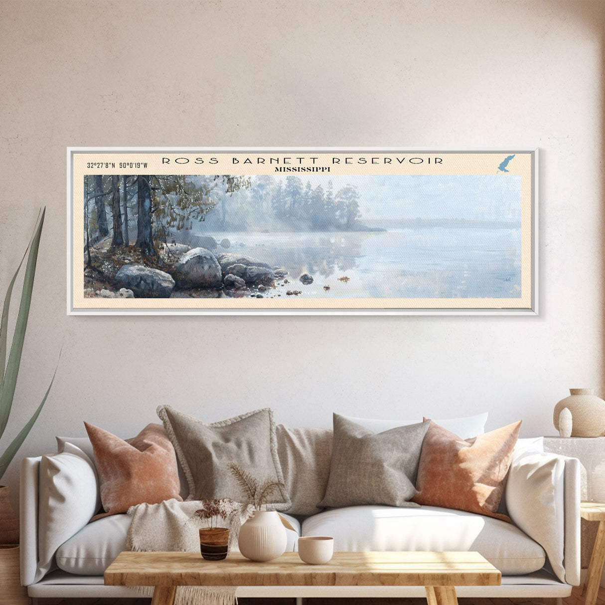 Ross R. Barnett Reservoir Framed Canvas Print, Lake House Decor, Panoramic Wall Art, Travel Poster, Beautiful Lake Scene, Living Room Decor