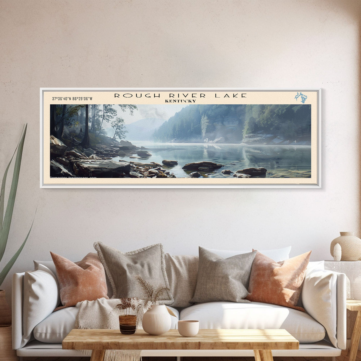 Rough River Lake Kentucky Framed Canvas Print, Lake House Decor, Panoramic Wall Art, Travel Poster, Serene Landscape Painting, Bedroom Decor