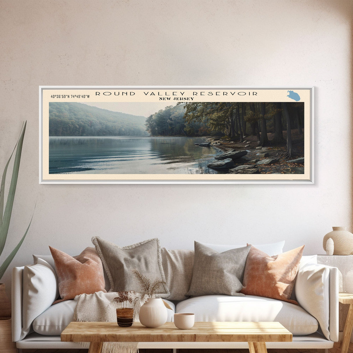 Round Valley Reservoir New Jersey Framed Canvas Print, Lake House Decor, Panoramic Wall Art, Travel Poster, Tranquil Landscape, Modern Art