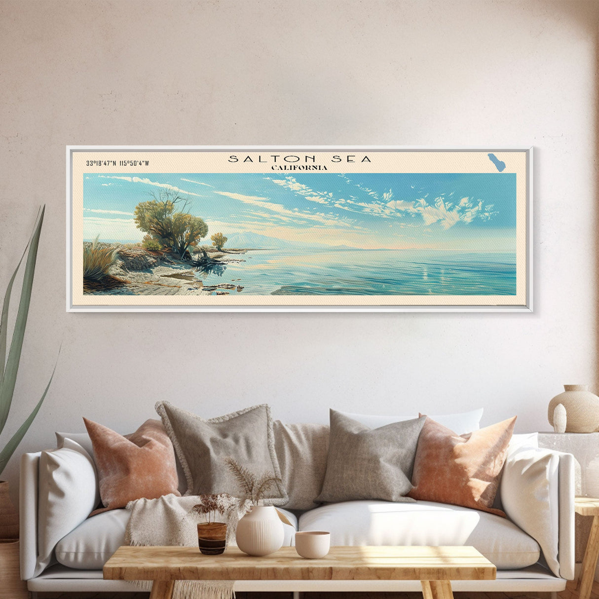 Salton Sea Framed Canvas Print, Lake House Decor, Panoramic Wall Art, Travel Poster, Unique Lake Painting, Modern Art