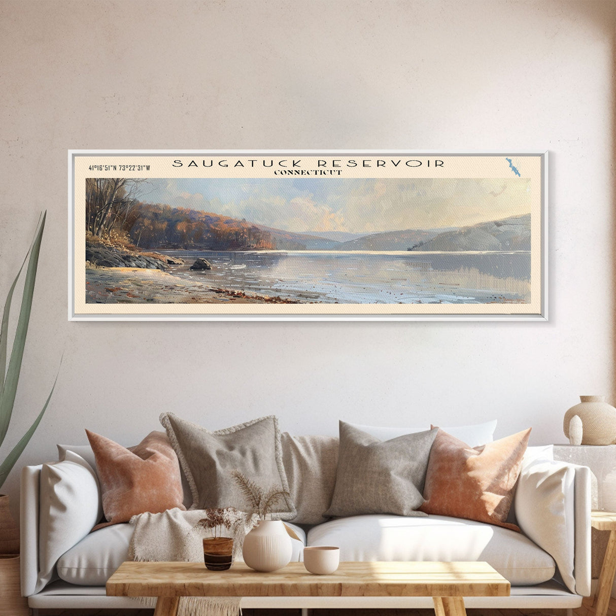 Saugatuck Reservoir Connecticut Framed Canvas Print, Lake House Decor, Panoramic Wall Art, Travel Poster, Scenic Lake Painting, Living Room Decor