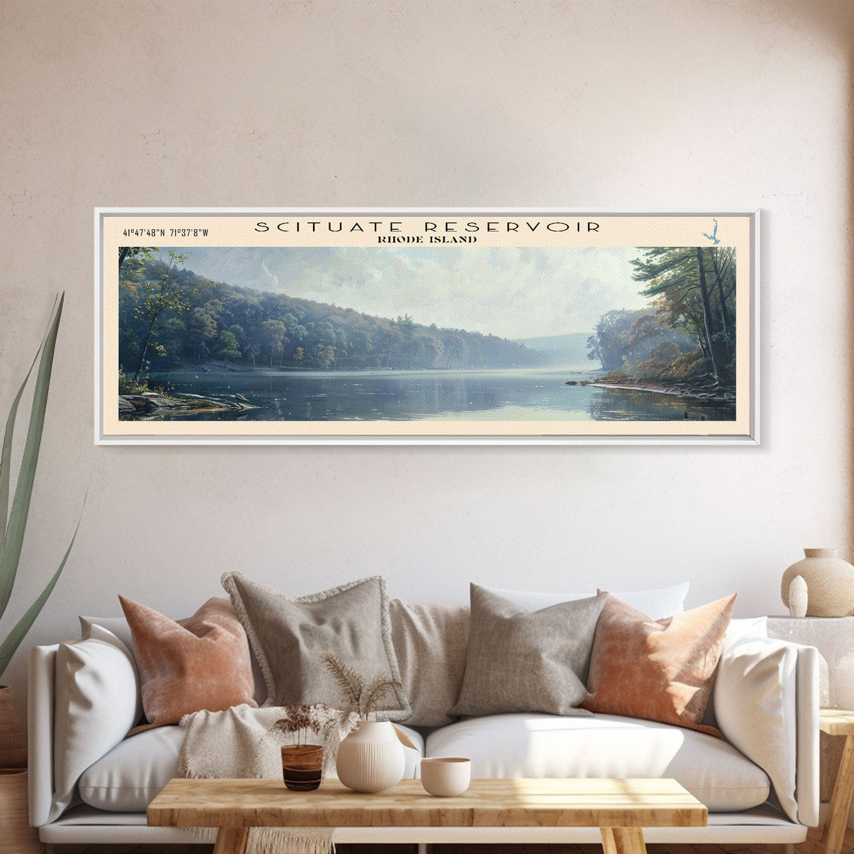 Scituate Reservoir Rhode Island Framed Canvas Print, Lake House Decor, Panoramic Wall Art, Travel Poster, Scenic Landscape Painting, Modern Art