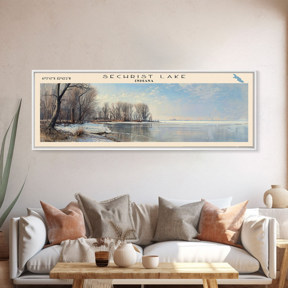 Sechrist Lake Indiana Framed Canvas Print, Lake House Decor, Panoramic Wall Art, Travel Poster, Serene Lake Painting, Bedroom Decor