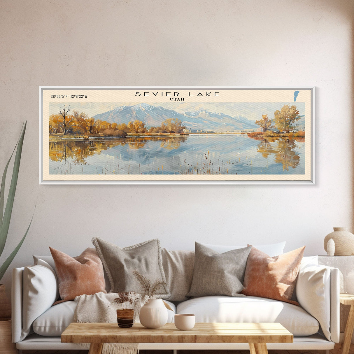 Sevier Lake Utah Panoramic Framed Canvas Print, Lake House Decor, Wall Art, Travel Poster, Tranquil Landscape, Modern Art