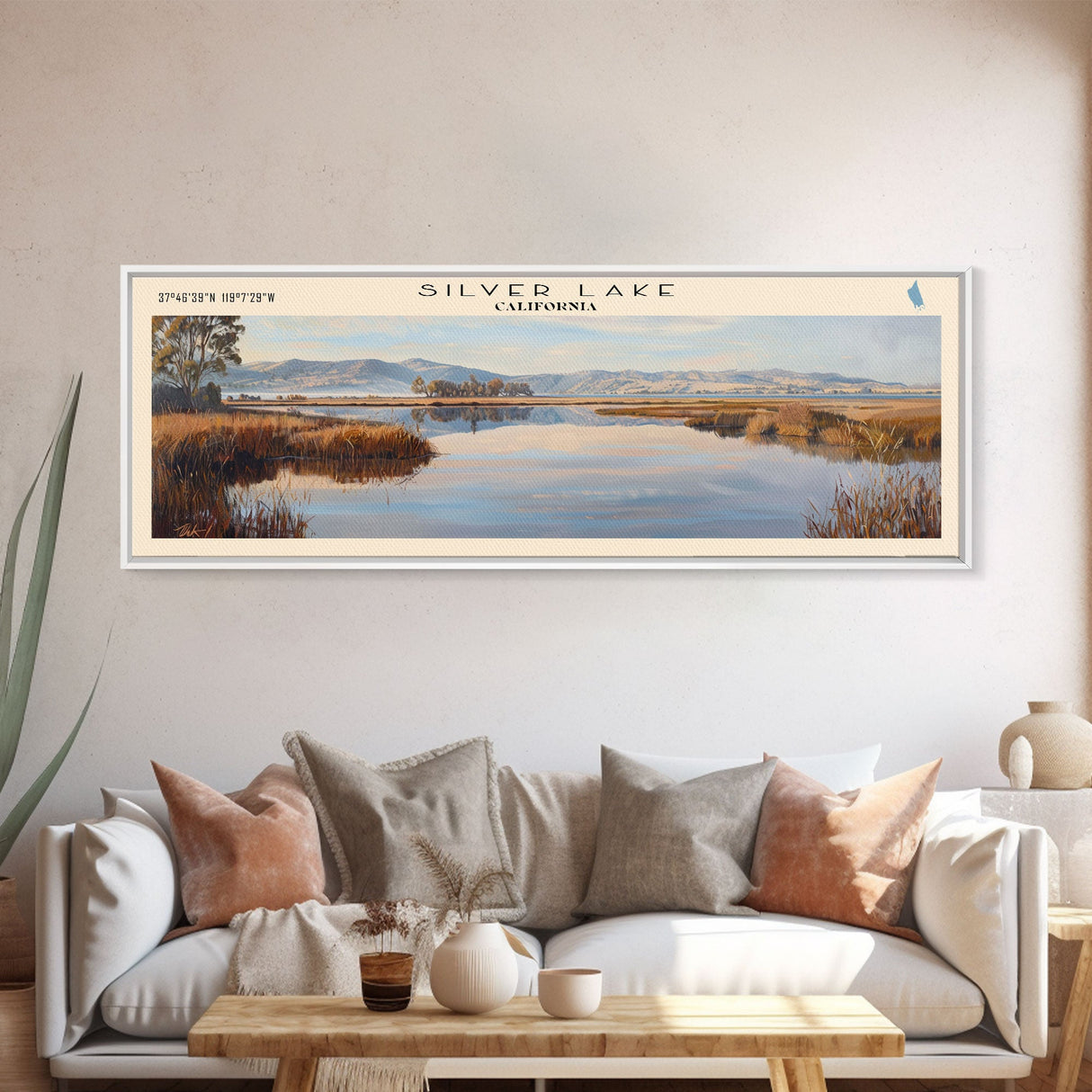 Silver Lake California Panoramic Framed Canvas Print, Lake House Decor, Wall Art, Travel Poster, Beautiful Lake Scene, Bedroom Decor