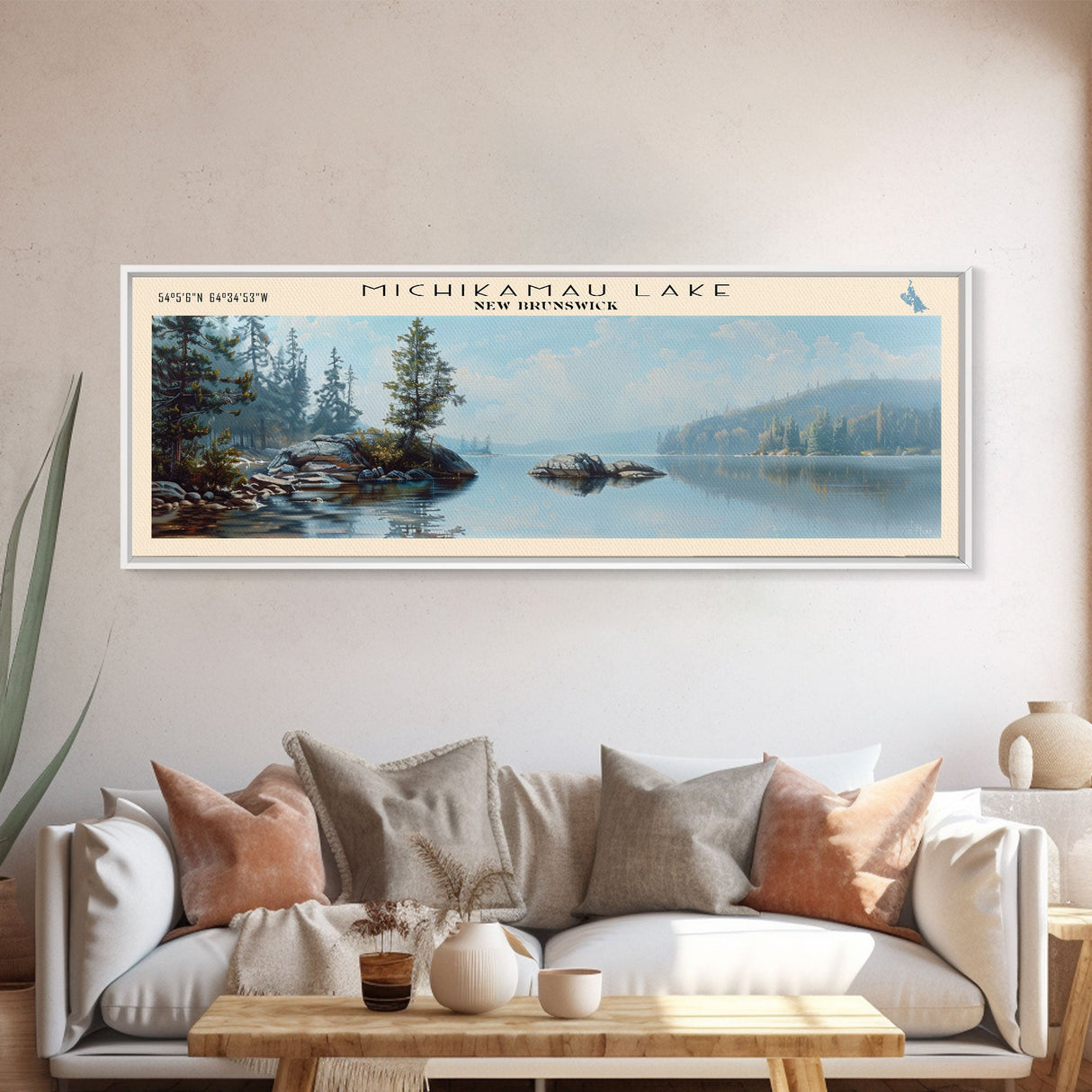 Smallwood Michikamau Lake Panoramic Framed Canvas Print, Lake House Decor, Wall Art, Travel Poster, Scenic Landscape, Bedroom Decor