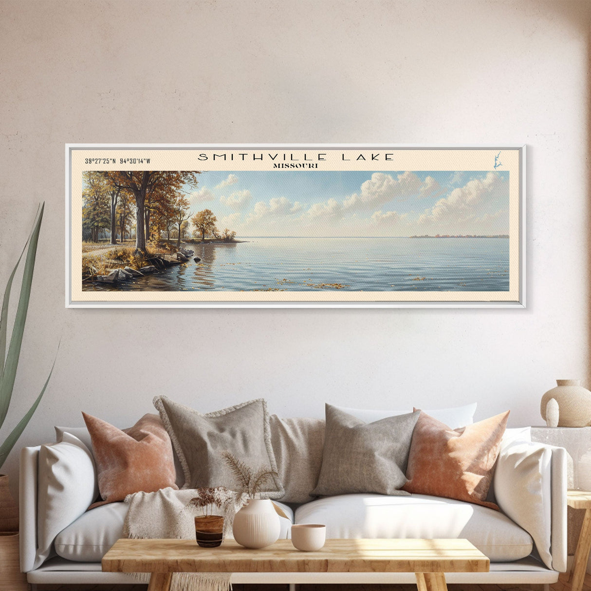 Smithville Lake Missouri Panoramic Framed Canvas Print, Lake House Decor, Wall Art, Travel Poster, Serene Lake Painting, Living Room Decor