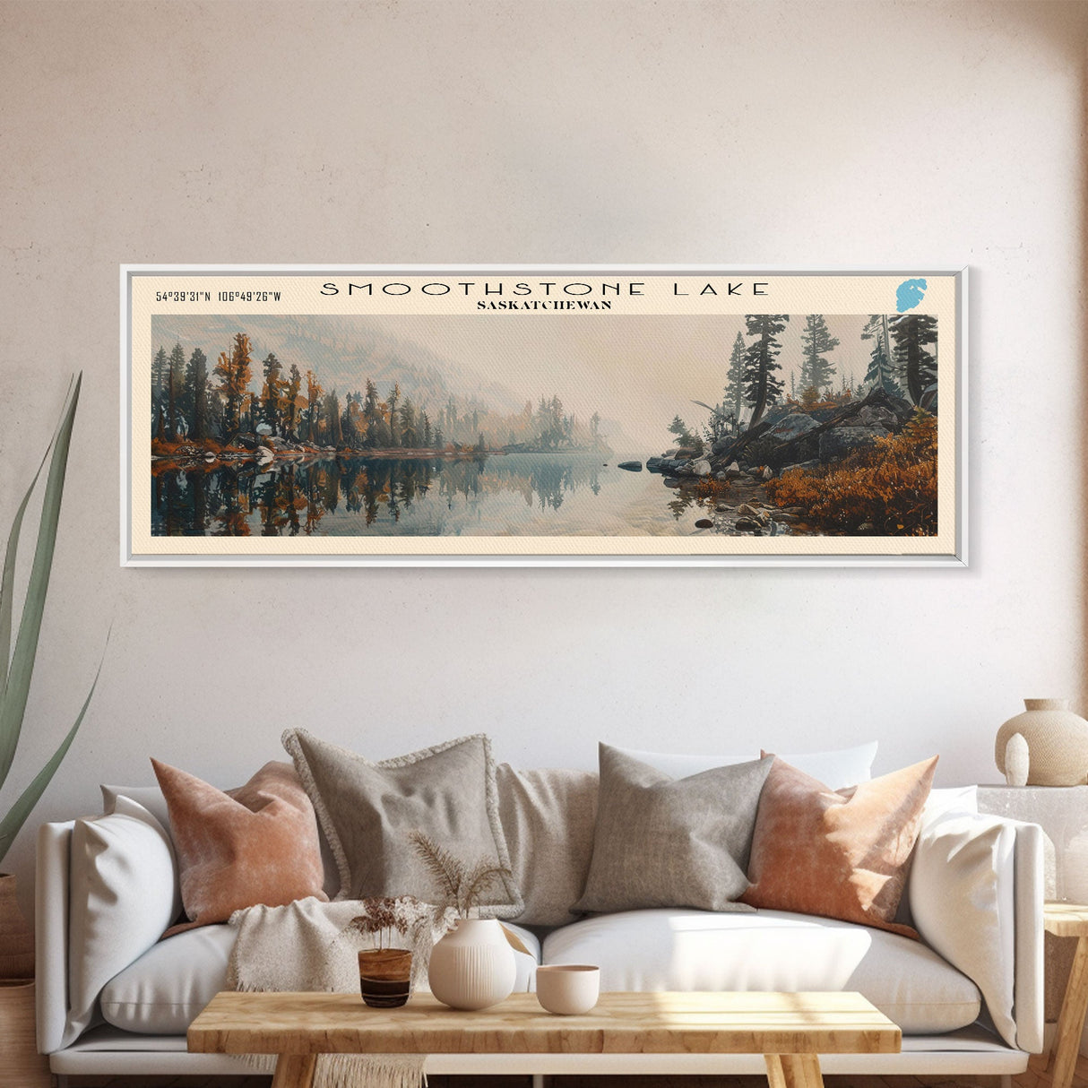 Smoothstone Lake Panoramic Framed Canvas Print, Lake House Decor, Wall Art, Travel Poster, Scenic Landscape, Living Room Decor, Beautiful Lake