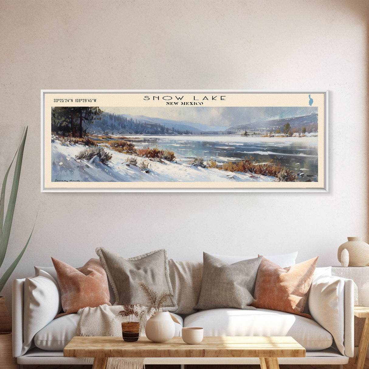 Snow Lake New Mexico Panoramic Framed Canvas Print, Lake House Decor, Wall Art, Travel Poster, Serene Lake Scene, Bedroom Decor