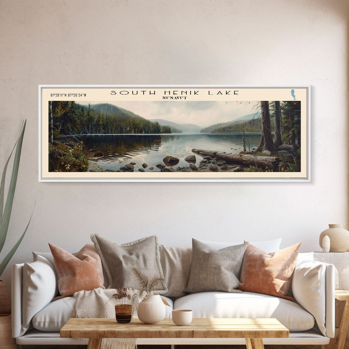 South Henik Lake Panoramic Framed Canvas Print, Lake House Decor, Wall Art, Travel Poster, Scenic Lake Painting, Living Room Decor