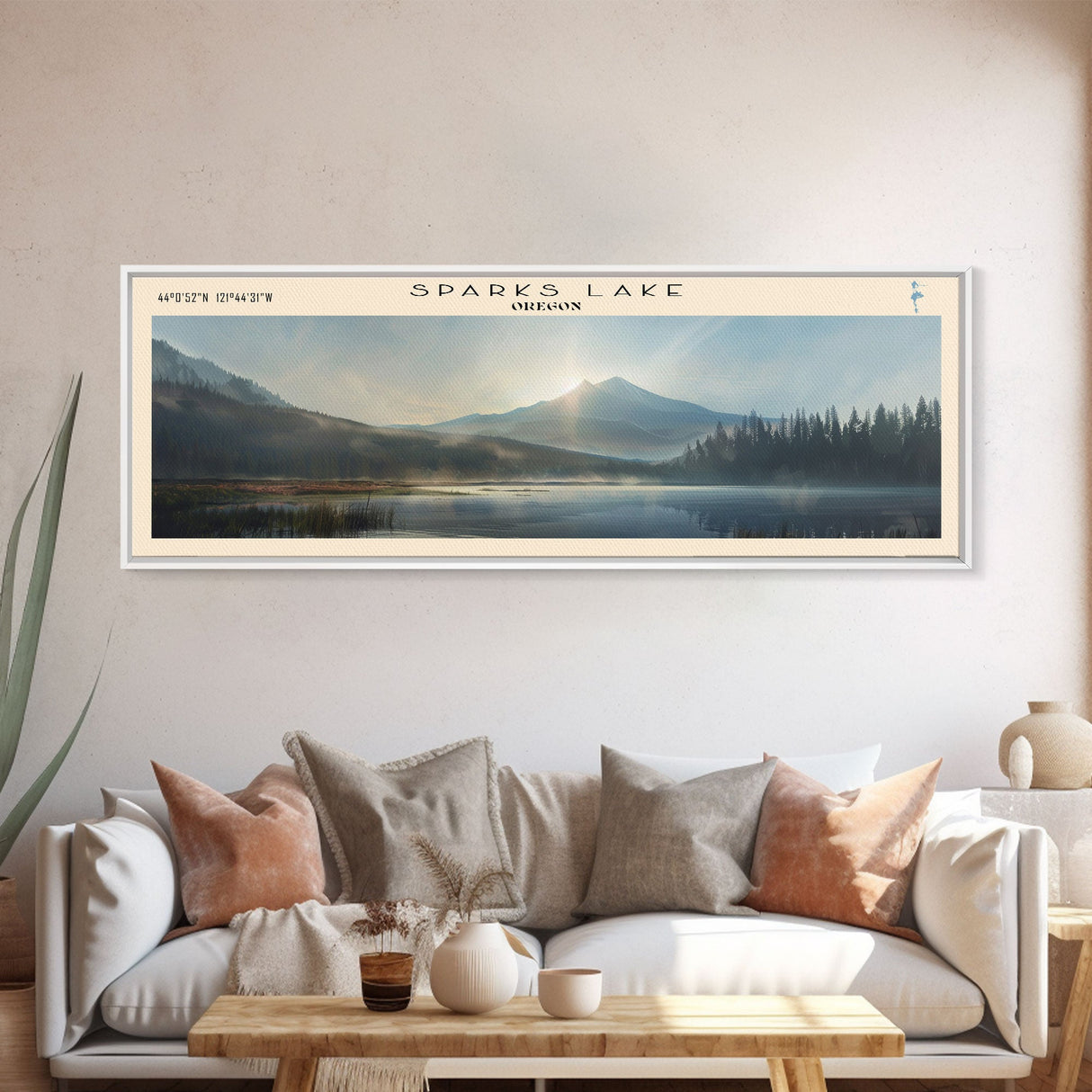 Sparks Lake Oregon Panoramic Framed Canvas Print, Lake House Decor, Wall Art, Travel Poster, Tranquil Landscape, Living Room Decor