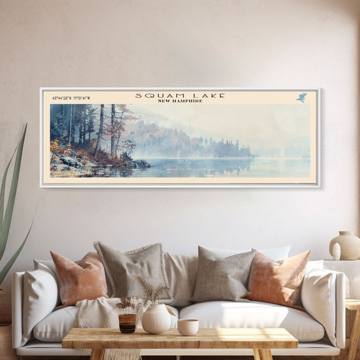 Squam Lake New Hampshire Panoramic Framed Canvas Print, Lake House Decor, Wall Art, Travel Poster, Scenic Landscape, Living Room Decor