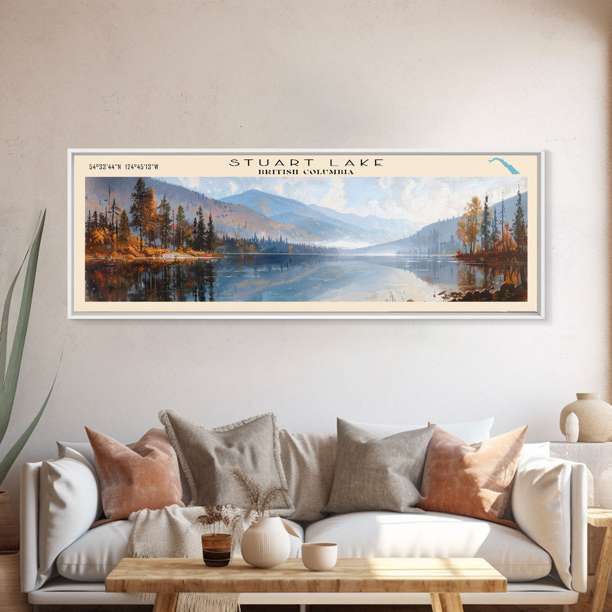 Stuart Lake Panoramic Wall Art, Framed Canvas Print, Lake House Decor, Travel Poster, Scenic Landscape Painting, Living Room Decor