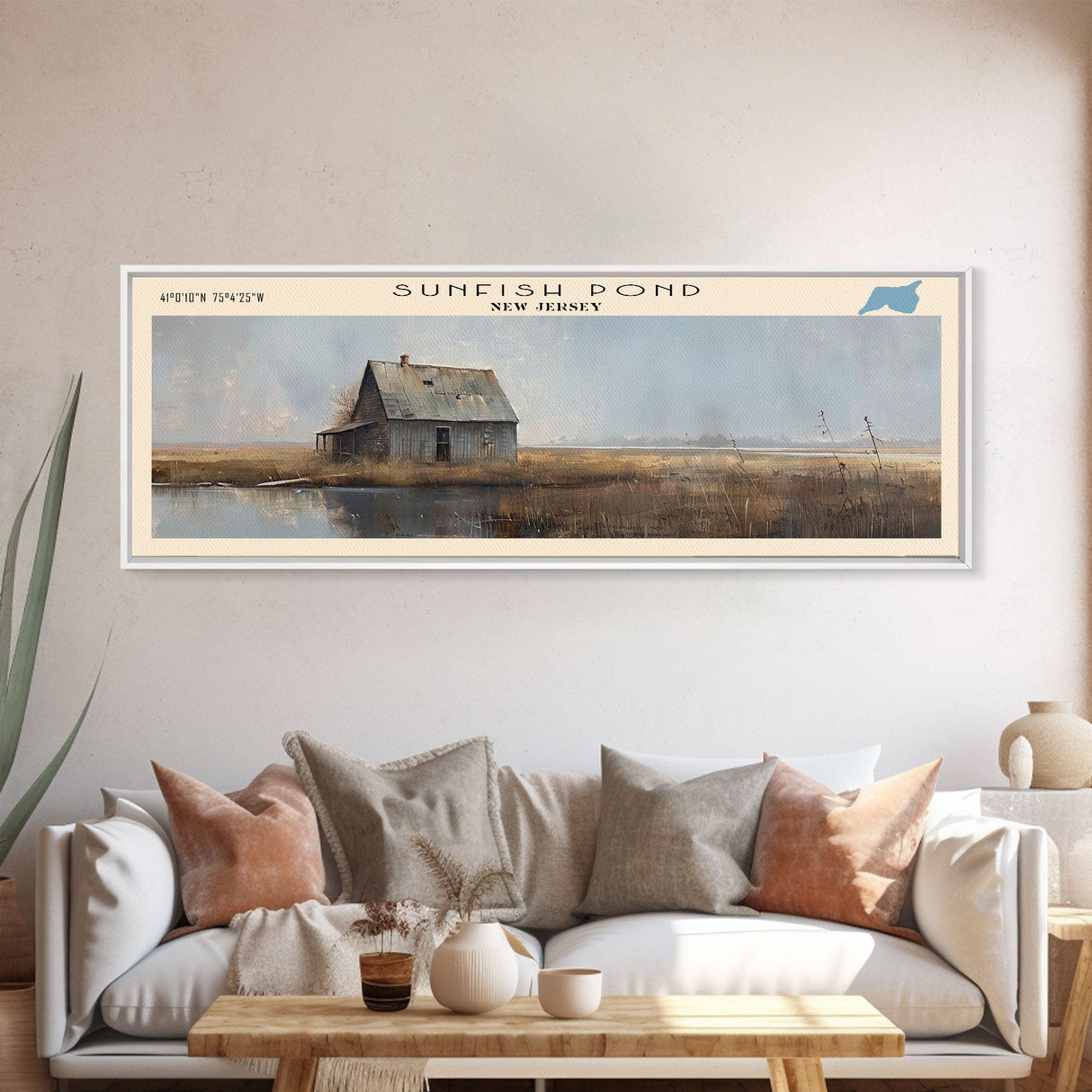 Sunfish Pond New Jersey Panoramic Wall Art, Framed Canvas Print, Lake House Decor, Travel Poster, Serene Lake Scene, Living Room Decor