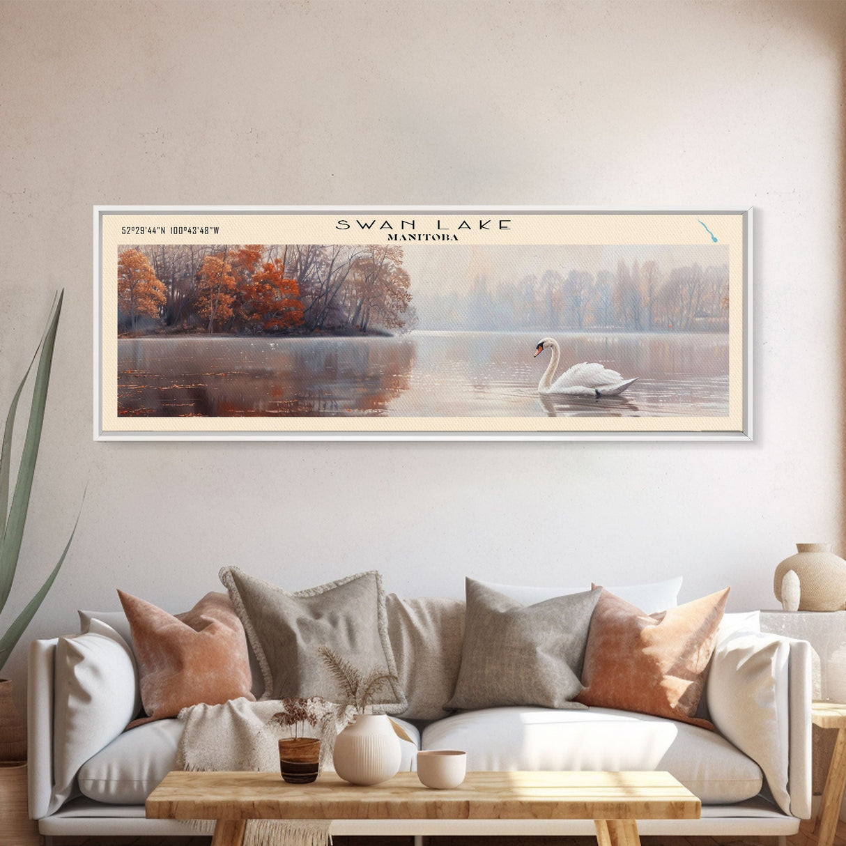 Swan Lake Panoramic Wall Art, Framed Canvas Print, Lake House Decor, Travel Poster, Scenic Lake Painting, Living Room Decor