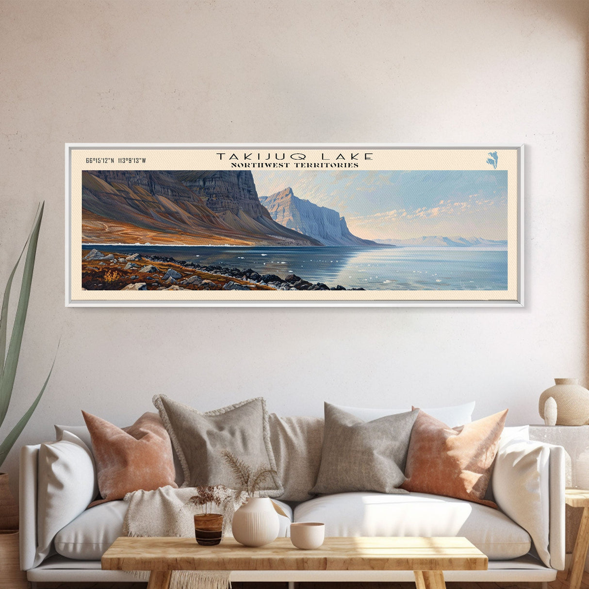 Takijuq Lake Panoramic Wall Art, Framed Canvas Print, Lake House Decor, Travel Poster, Scenic Landscape Painting, Bedroom Decor