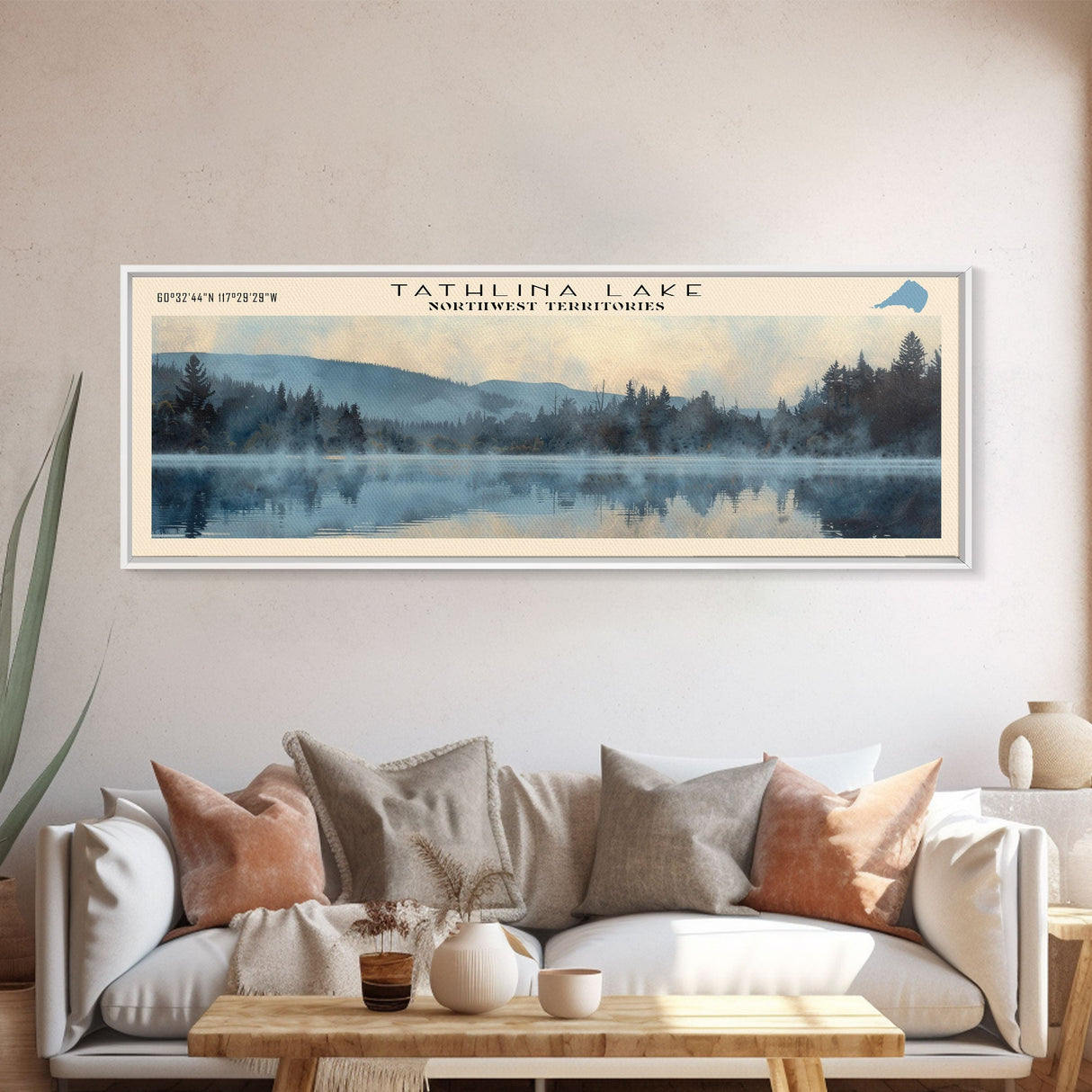 Tathlina Lake Panoramic Wall Art, Framed Canvas Print, Lake House Decor, Travel Poster, Scenic Landscape, Bedroom Decor, Nature Art