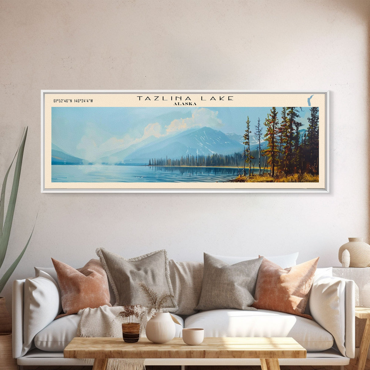 Tazlina Lake Panoramic Wall Art, Framed Canvas Print, Lake House Decor, Travel Poster, Serene Landscape, Living Room Decor, Nature Painting