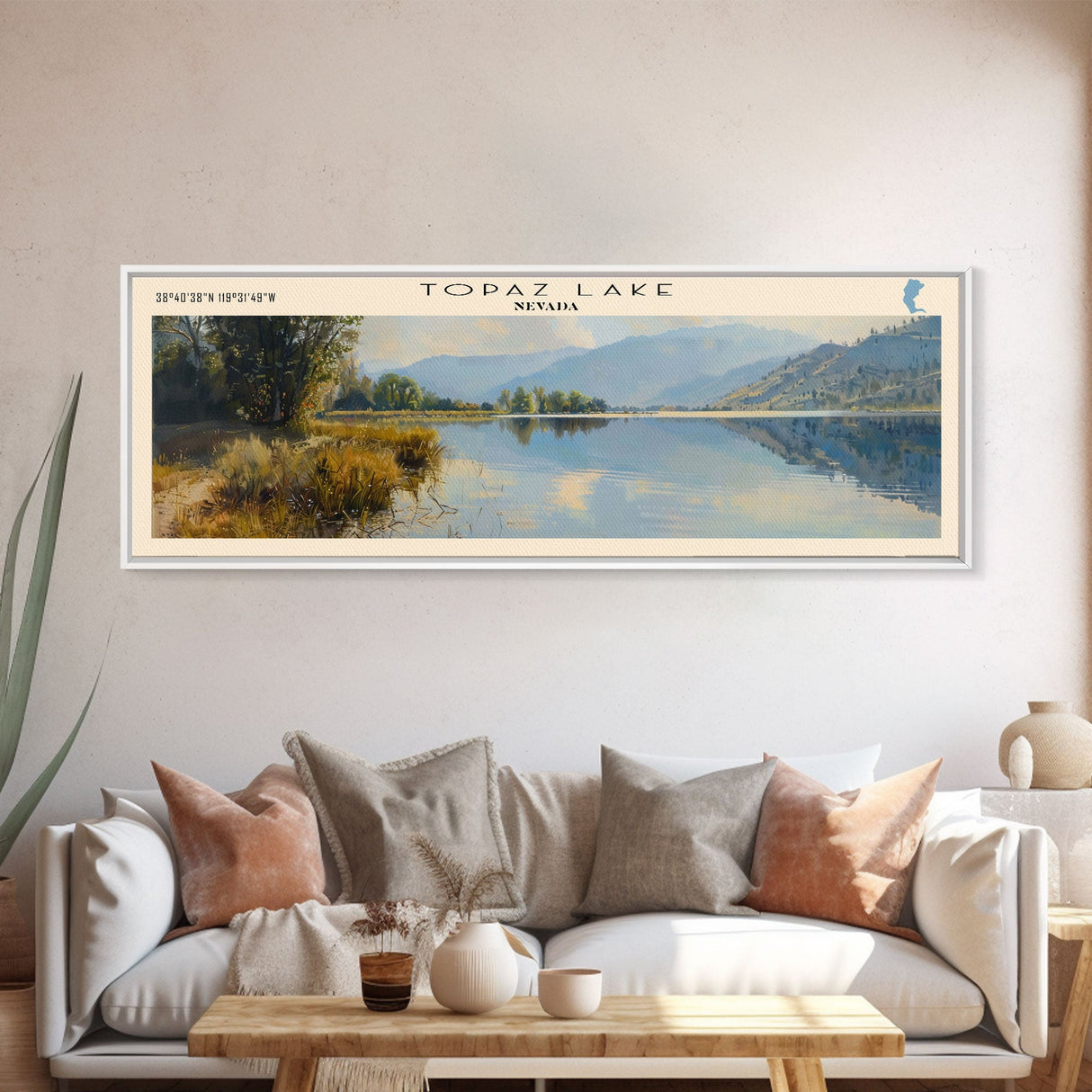 Topaz Lake Nevada Panoramic Wall Art, Framed Canvas Print, Lake House Decor, Travel Poster, Beautiful Lake Scene, Living Room Art