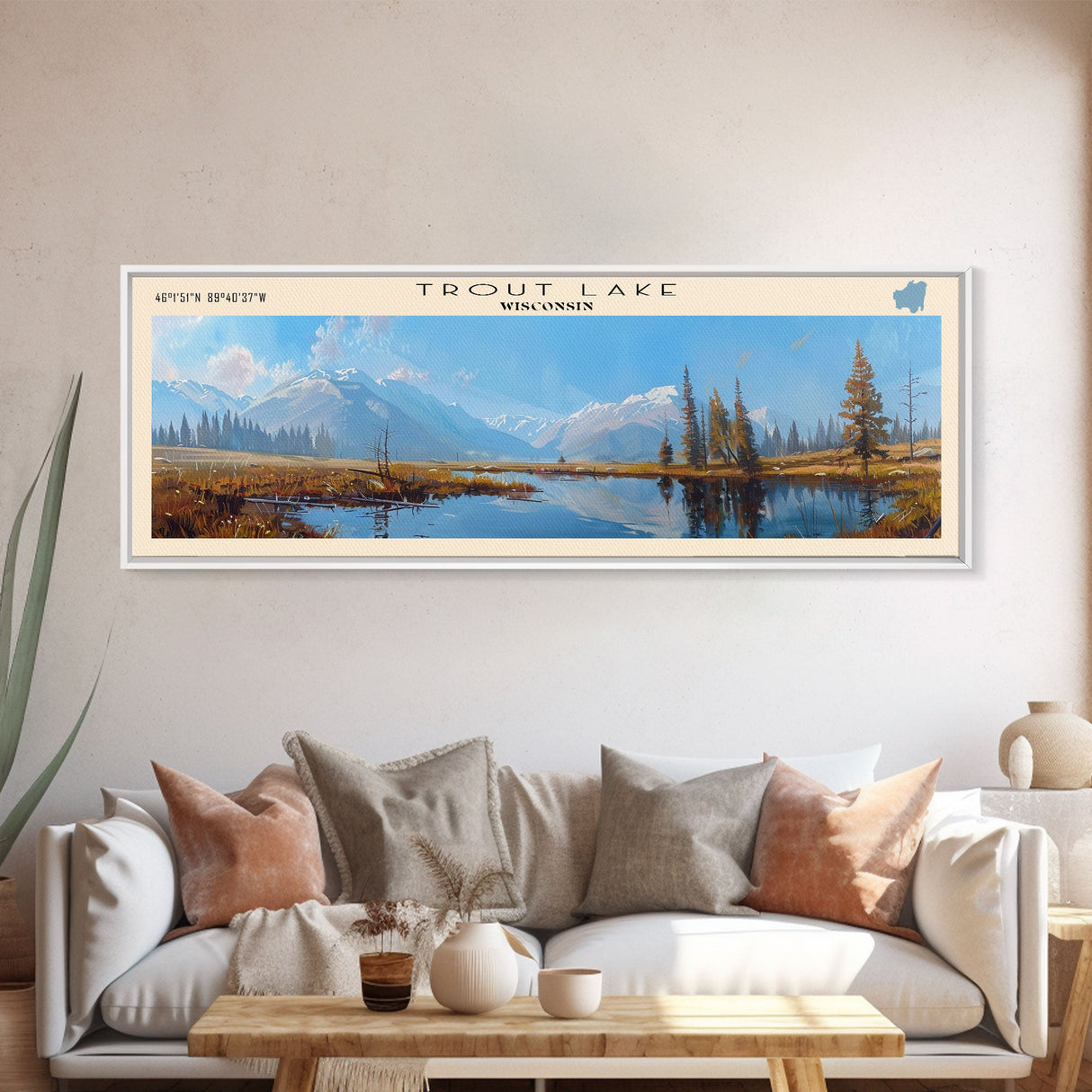 Trout Lake Panoramic Wall Art, Framed Canvas Print, Lake House Decor, Travel Poster, Scenic Landscape, Living Room Art