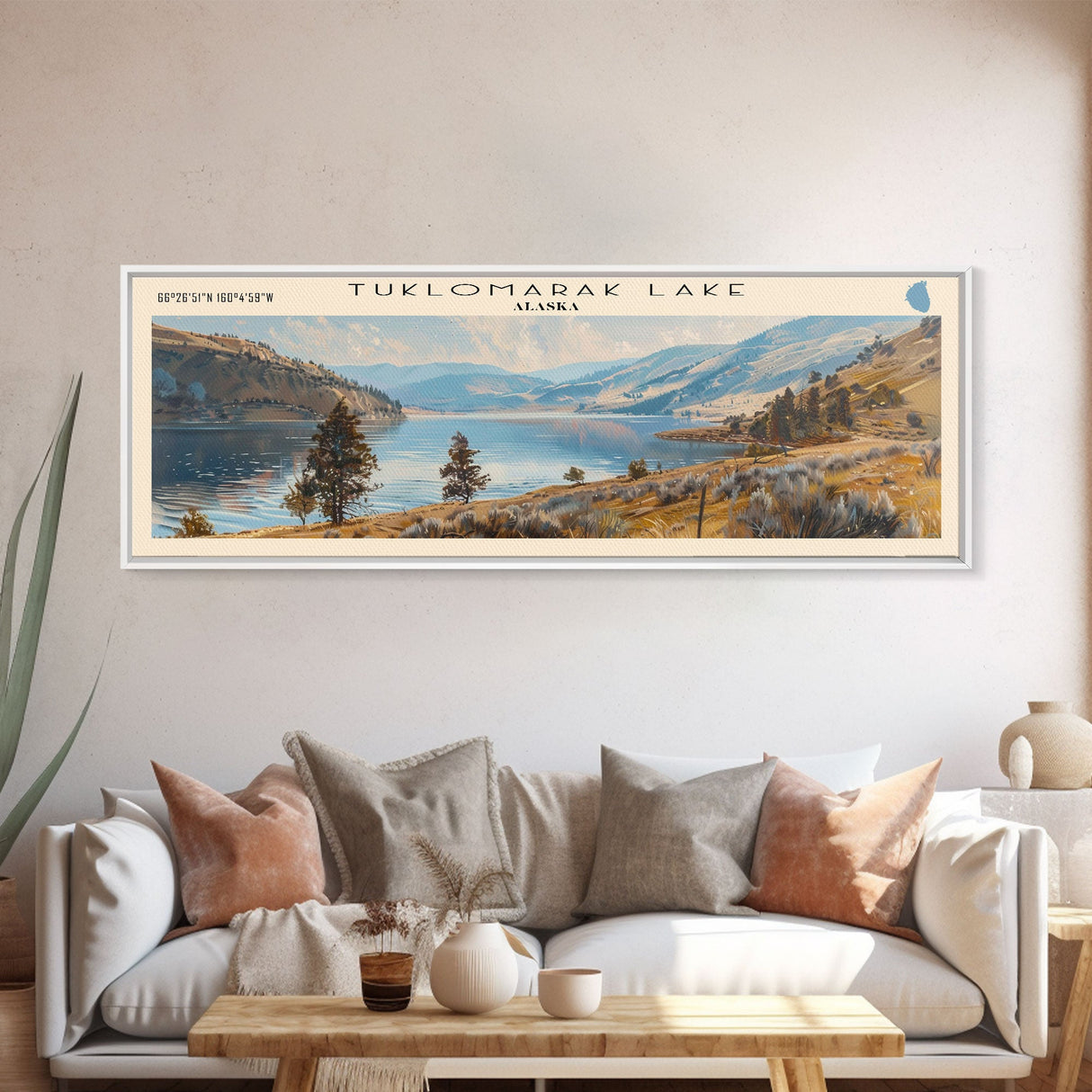 Tuklomarak Lake Panoramic Wall Art, Framed Canvas Print, Lake House Decor, Travel Poster, Serene Landscape, Living Room Decor