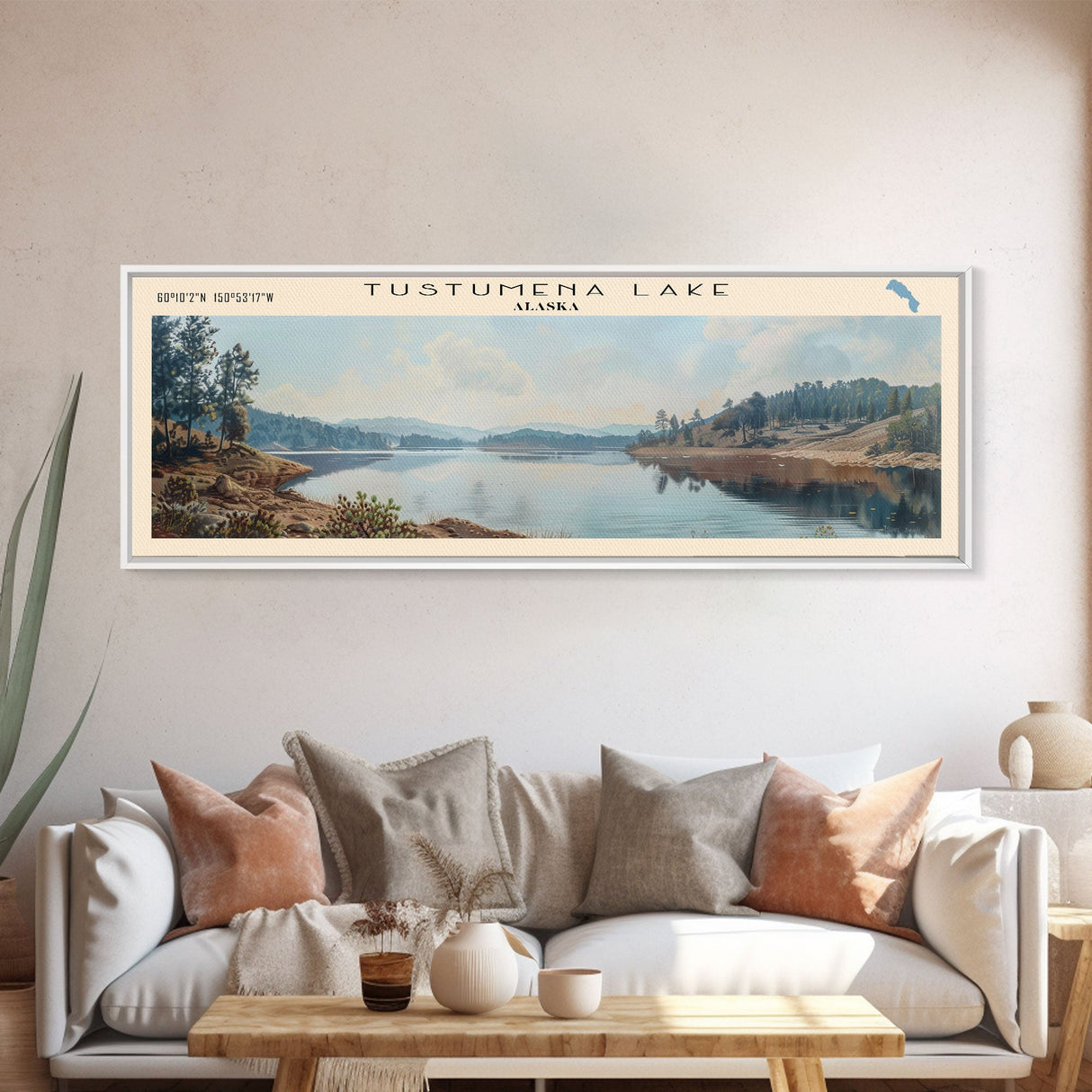 Tustumena Lake Panoramic Wall Art, Framed Canvas Print, Lake House Decor, Travel Poster, Scenic Lake Scene, Living Room Art