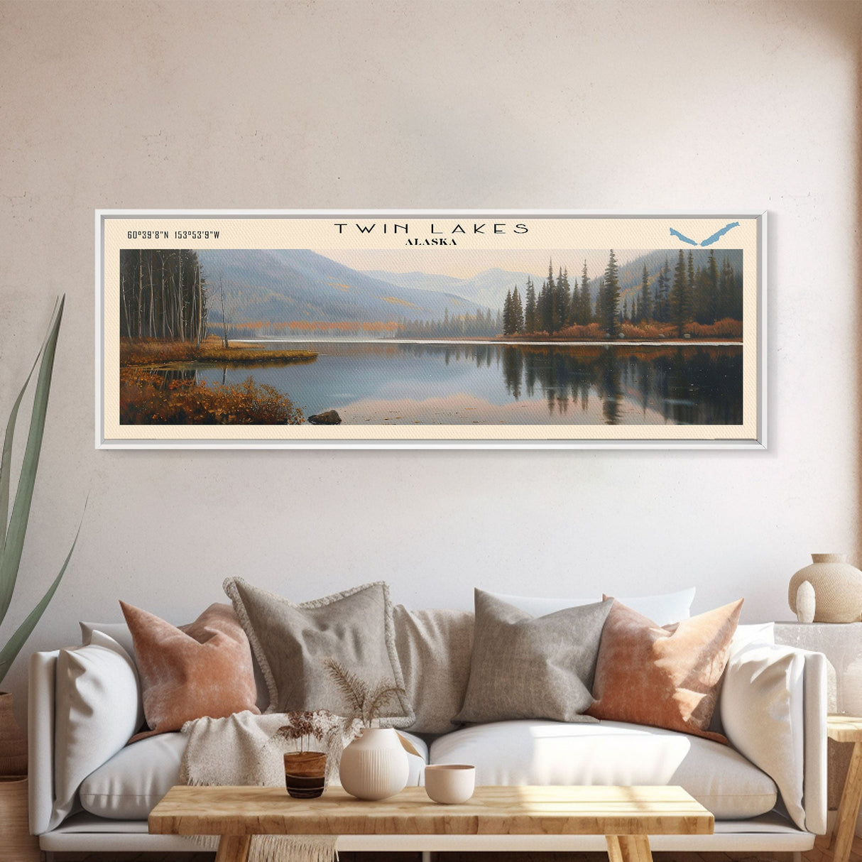 Twin Lakes Panoramic Wall Art, Framed Canvas Print, Lake House Decor, Travel Poster, Scenic Lake Scene, Living Room Art