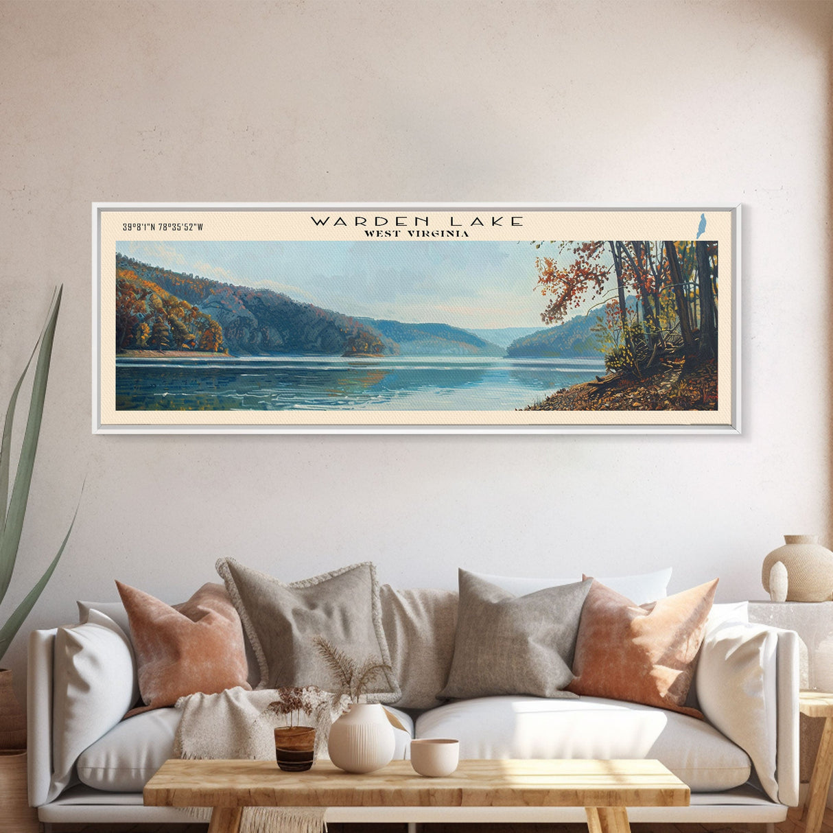 Warden Lake West Virginia Panoramic Wall Art, Framed Canvas Print, Lake House Decor, Travel Poster, Scenic Lake Scene, Living Room Art