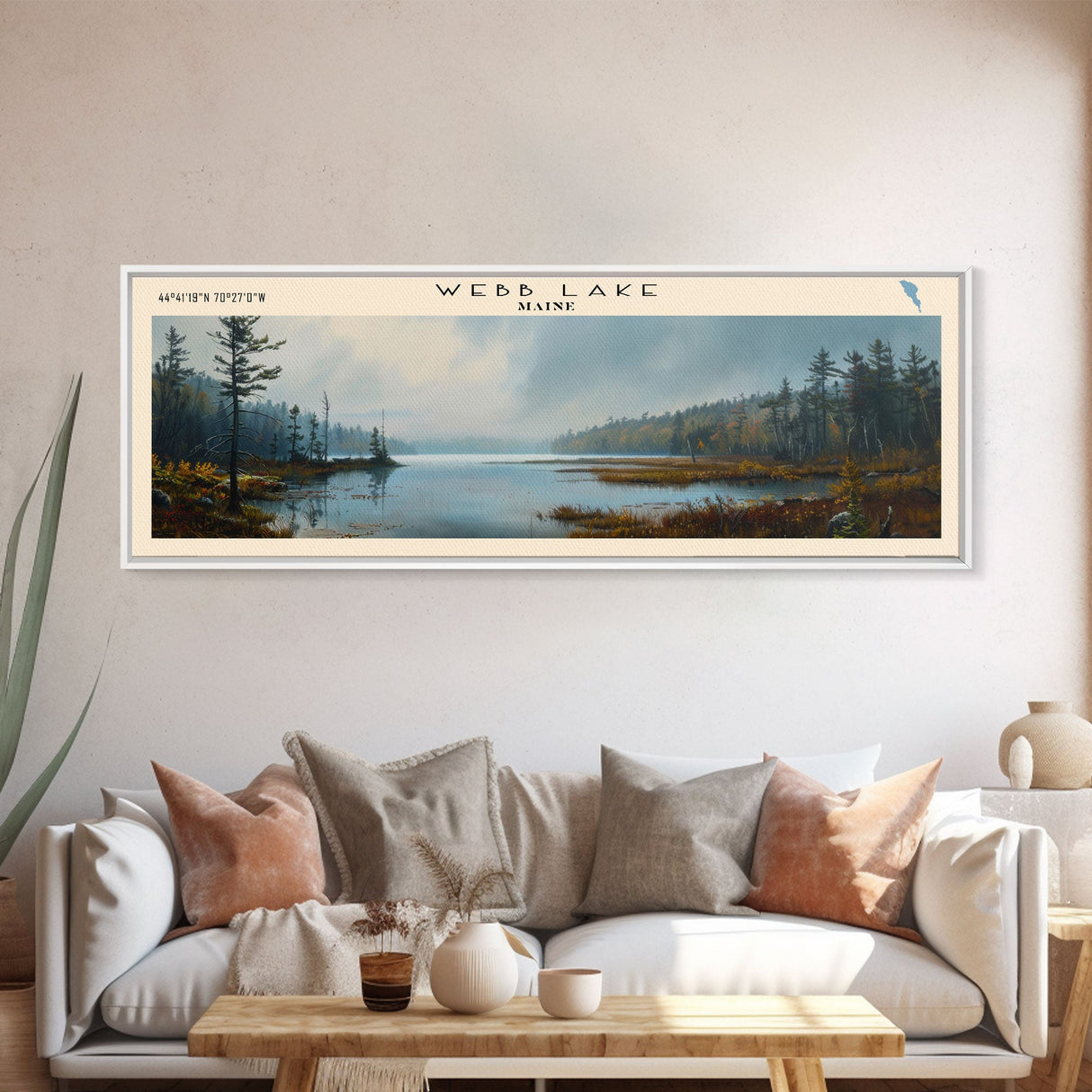 Webb Lake Maine Panoramic Wall Art, Framed Canvas Print, Lake House Decor, Travel Poster, Beautiful Lake Scene, Bedroom Decor