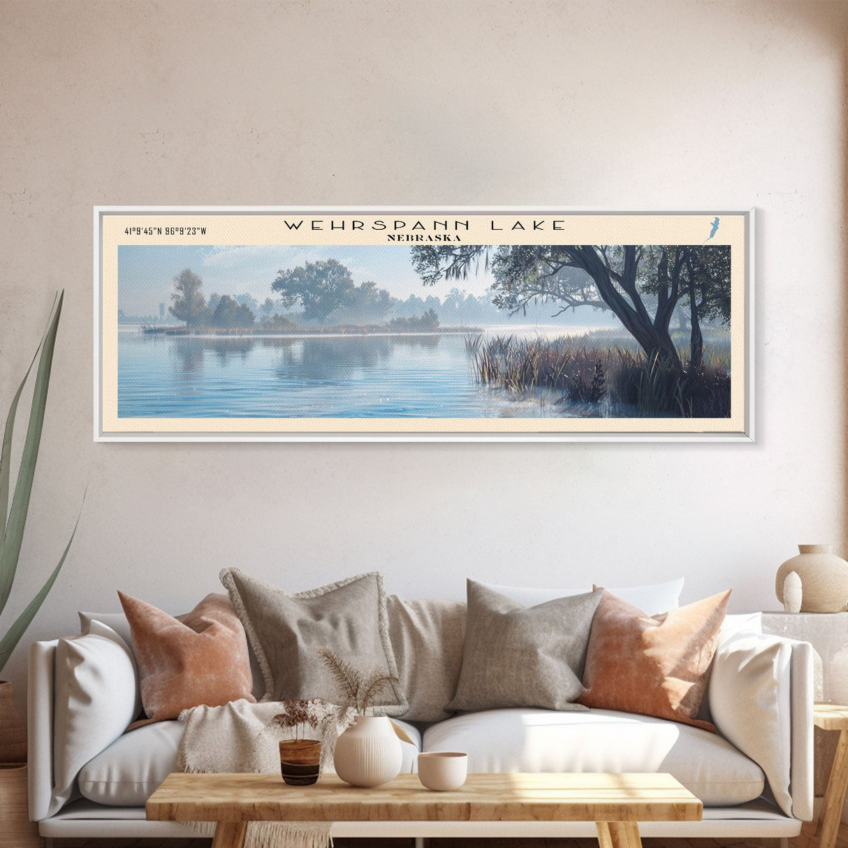 Wehrspann Lake Nebraska Panoramic Wall Art, Framed Canvas Print, Lake House Decor, Travel Poster, Serene Landscape, Living Room Decor