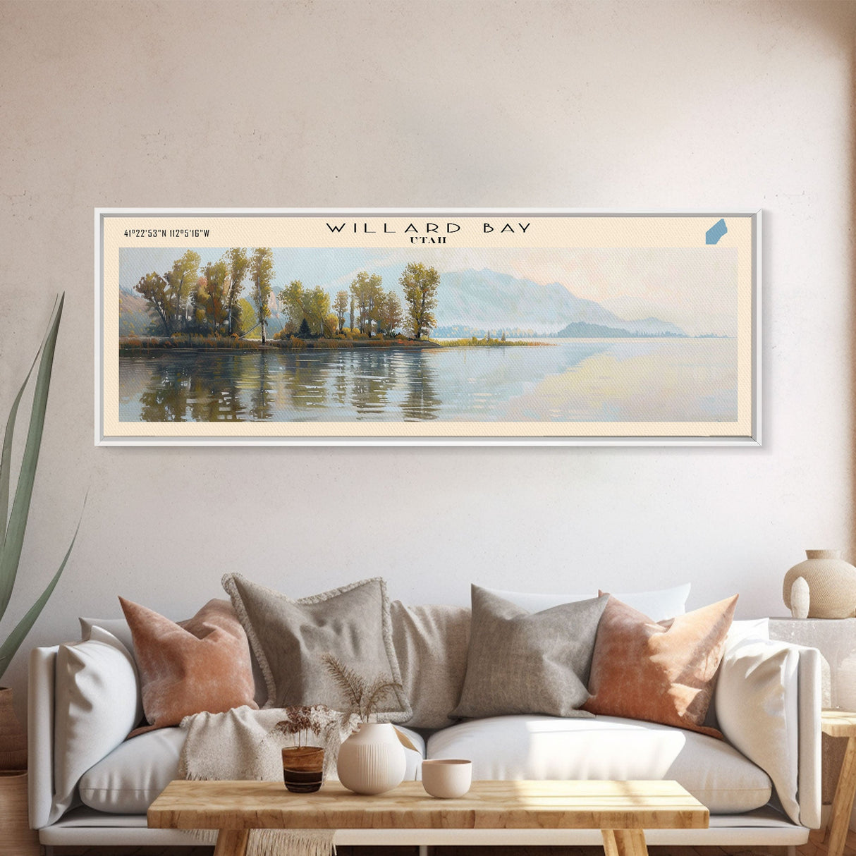 Willard Bay Utah Panoramic Wall Art, Framed Canvas Print, Lake House Decor, Travel Poster, Beautiful Lake Scene, Bedroom Art