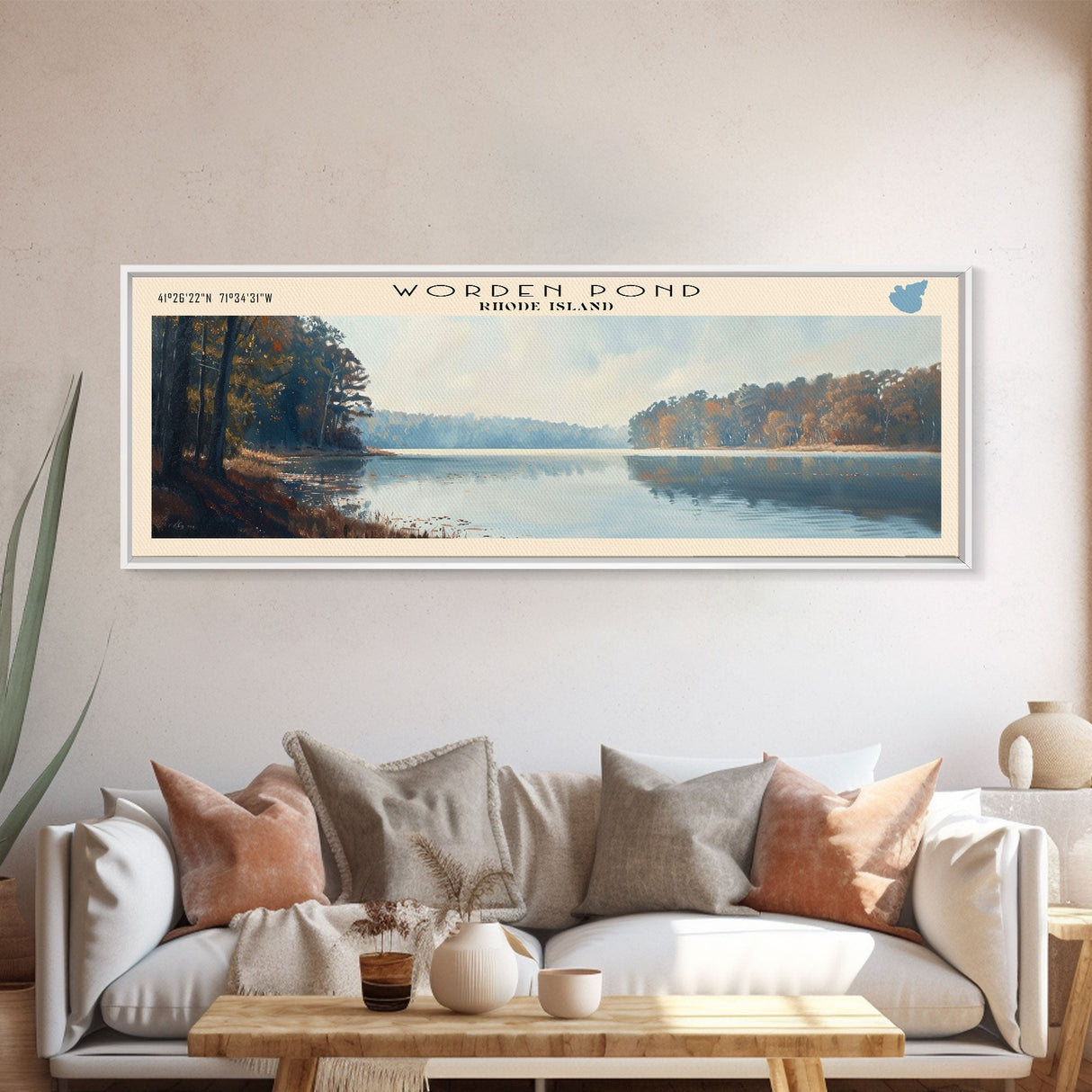 Worden Pond Rhode Island Panoramic Wall Art, Framed Canvas Print, Lake House Decor, Travel Poster, Beautiful Lake Scene, Living Room Decor