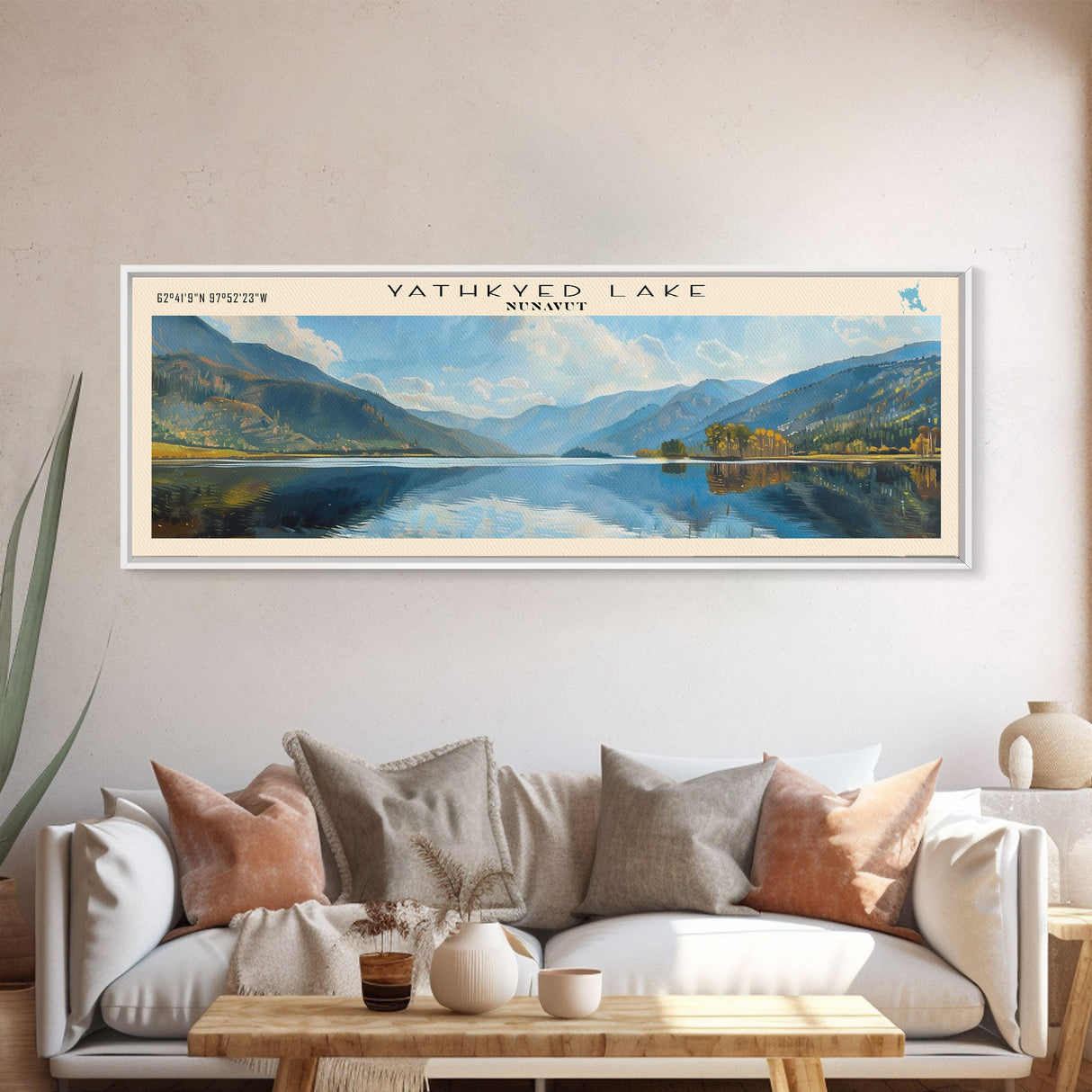 Yathkyed Lake Panoramic Wall Art, Framed Canvas Print, Lake House Decor, Travel Poster, Serene Landscape, Home Art