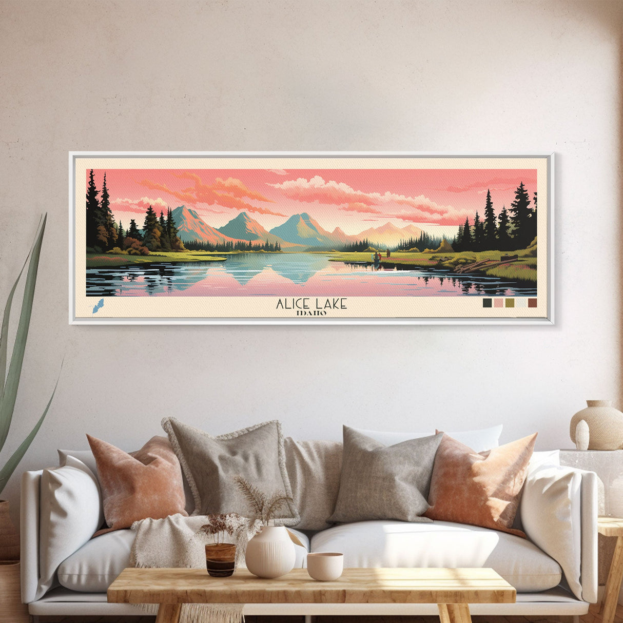 Alice Lake Idaho Framed Canvas Print, Panoramic Wall Art, Midcentury Modern, Pop Art, Travel Poster, Lake House Decor