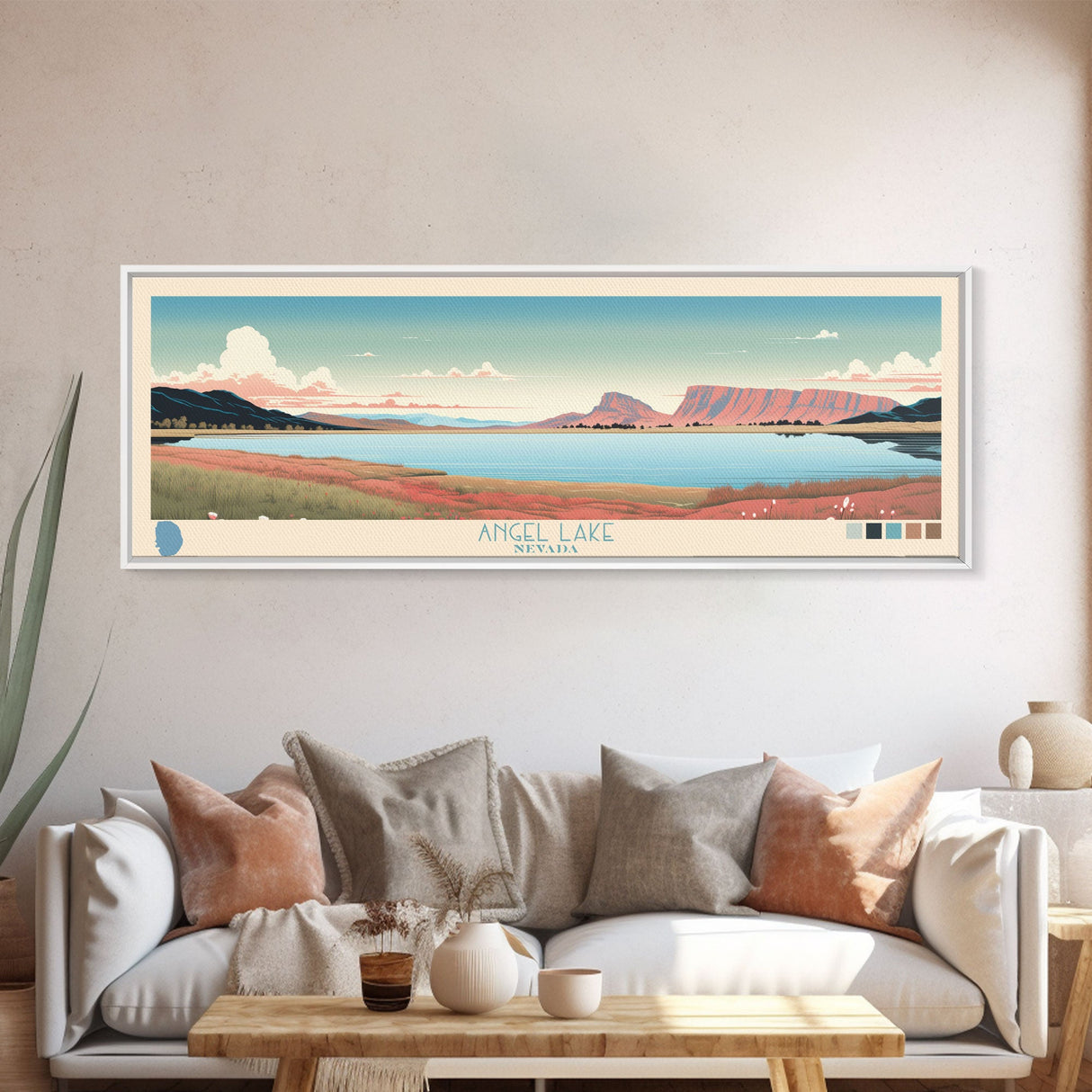 Angel Lake Nevada Framed Canvas Print, Panoramic Wall Art, Midcentury Modern, Pop Art, Travel Poster, Scenic Lake House Art