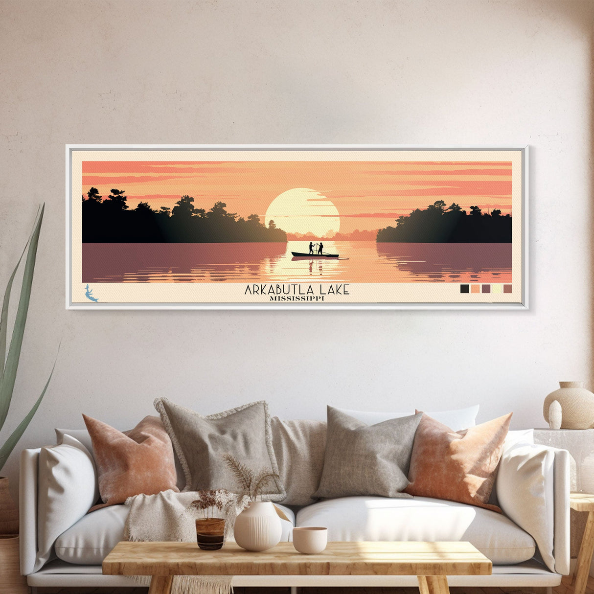 Arkabutla Lake Mississippi Framed Canvas Print, Panoramic Wall Art, Midcentury Modern, Pop Art, Travel Poster, Scenic Lake House Art