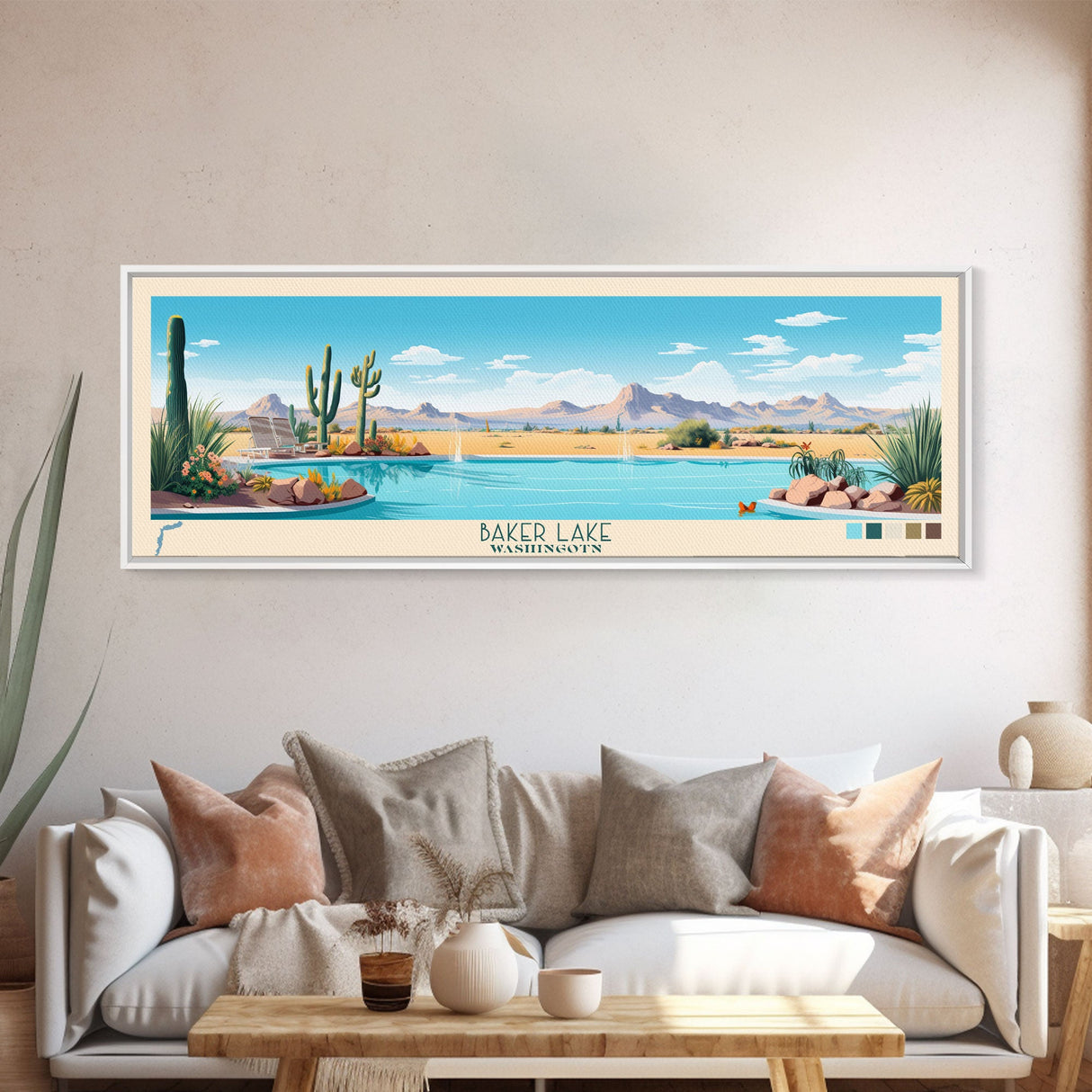 Baker Lake Washington Framed Canvas Print, Panoramic Travel Poster, Midcentury Modern Wall Art, Pop Art, Nature Living Room Art