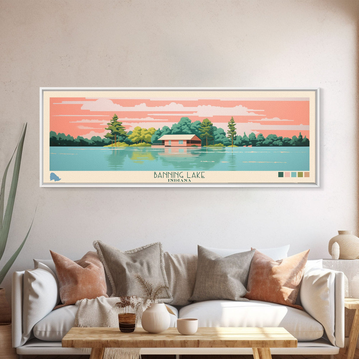 Banning Lake Indiana Framed Canvas Print, Panoramic Travel Poster, Midcentury Modern Wall Art, Pop Art, Bedroom Decor