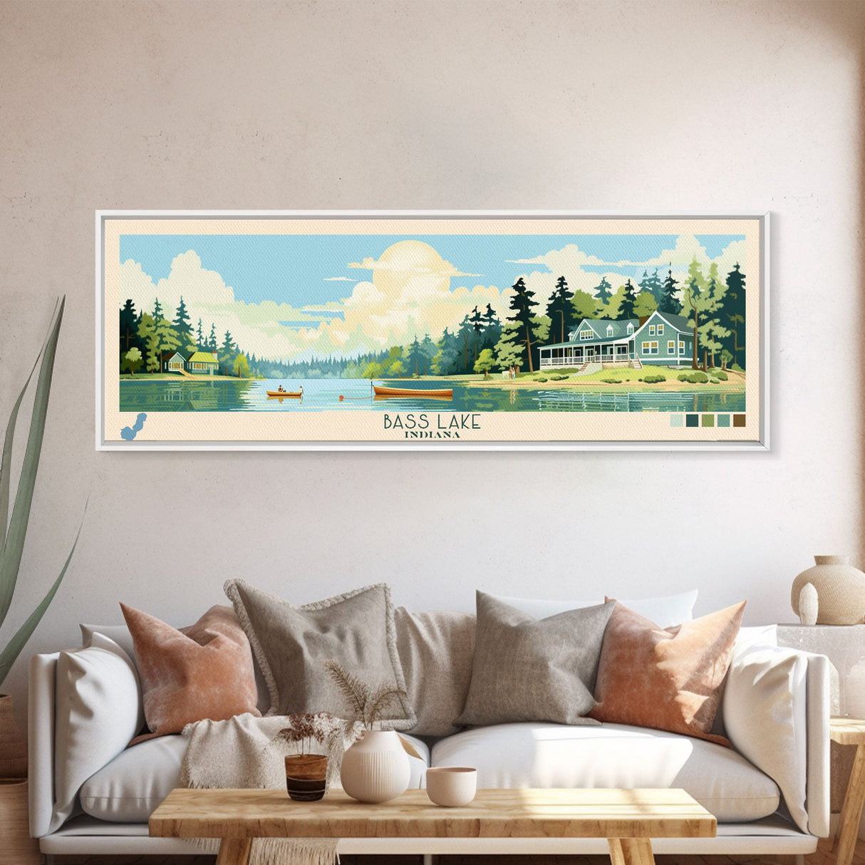 Bass Lake Indiana Framed Canvas Print, Panoramic Travel Poster, Midcentury Modern Wall Art, Pop Art, Nature Bedroom Decor, Lake House Art, Scenic Lake House