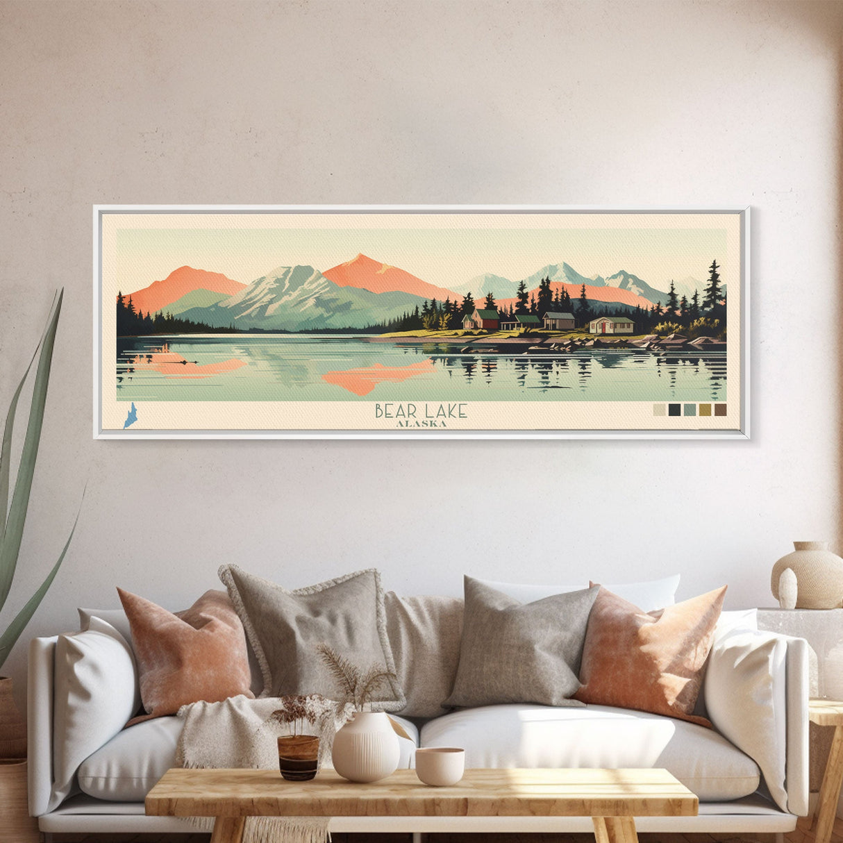 Bear Lake Southwest Alaska Framed Canvas Print, Panoramic Wall Art, Midcentury Modern, Pop Art, Travel Poster, Scenic Bedroom Art, Living Room Decor