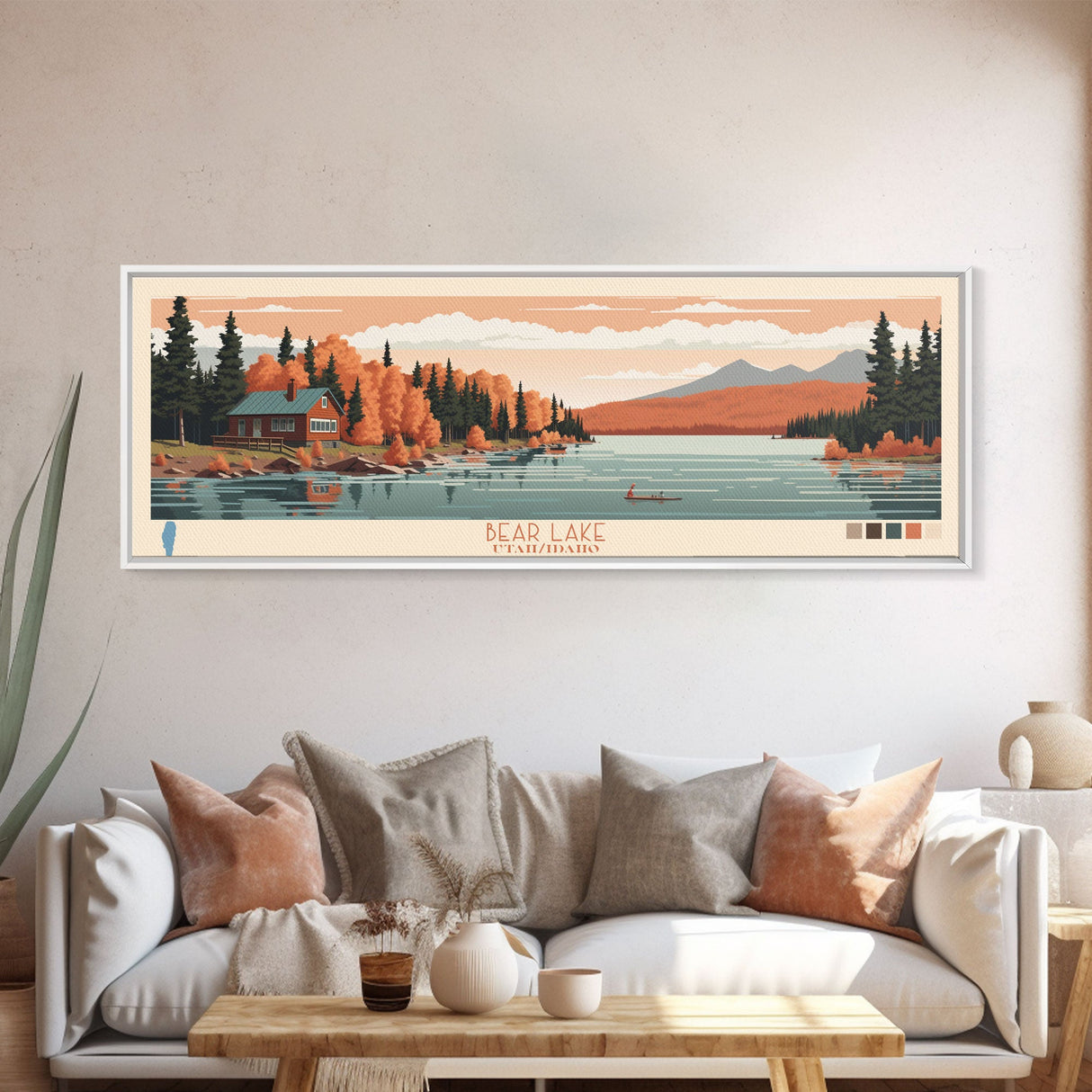 Bear Lake Utah Idaho Framed Canvas Print, Panoramic Travel Poster, Midcentury Modern Wall Art, Pop Art, Nature Living Room Art, Lake House Decor