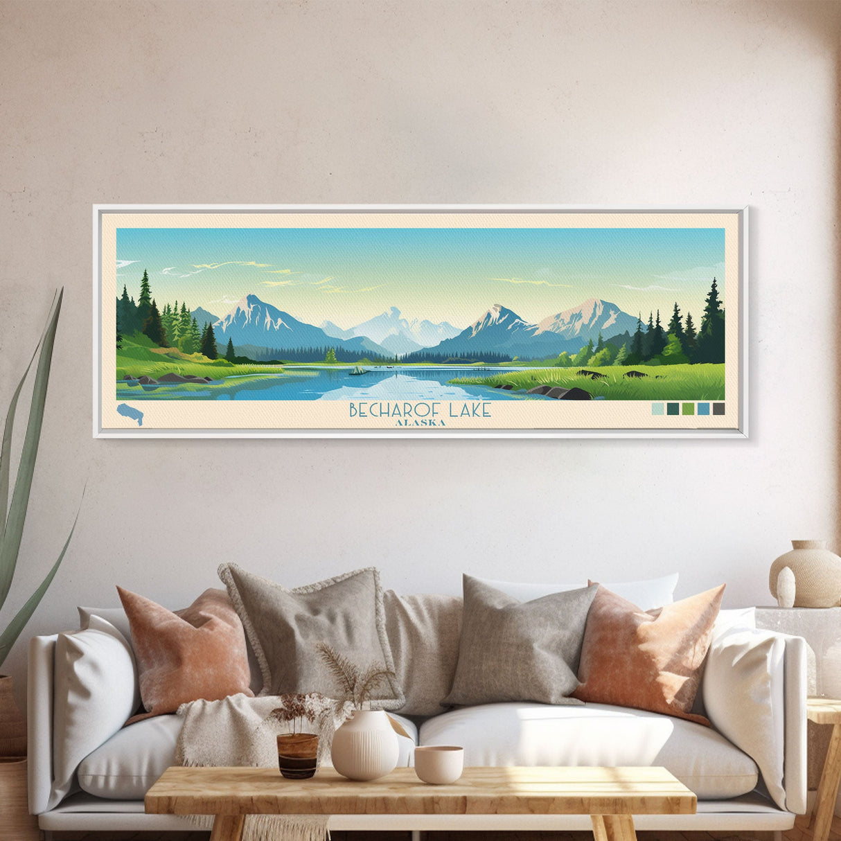 Becharof Lake Alaska Framed Canvas Print, Panoramic Travel Poster, Midcentury Modern Wall Art, Pop Art, Nature Bedroom Art, Living Room Decor