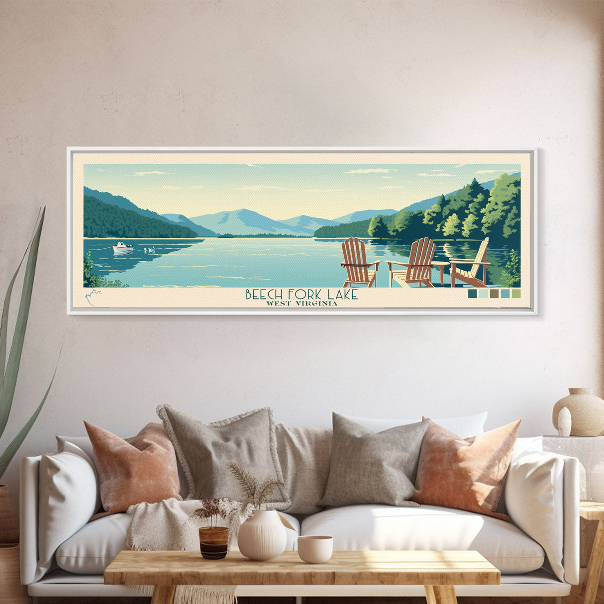 Beech Fork Lake West Virginia Framed Canvas Print, Panoramic Wall Art, Midcentury Modern, Pop Art, Travel Poster, Scenic Lake House Decor, Bedroom Art