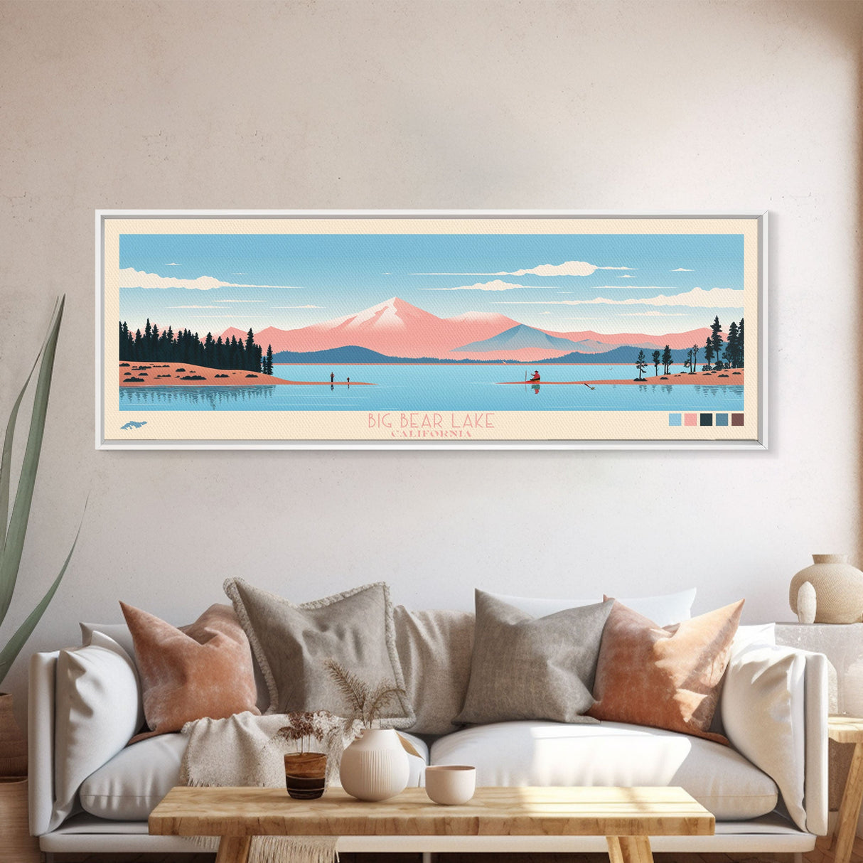 Big Bear Lake California Framed Canvas Print, Panoramic Wall Art, Midcentury Modern, Pop Art, Travel Poster, Scenic Bedroom Art, Living Room Decor