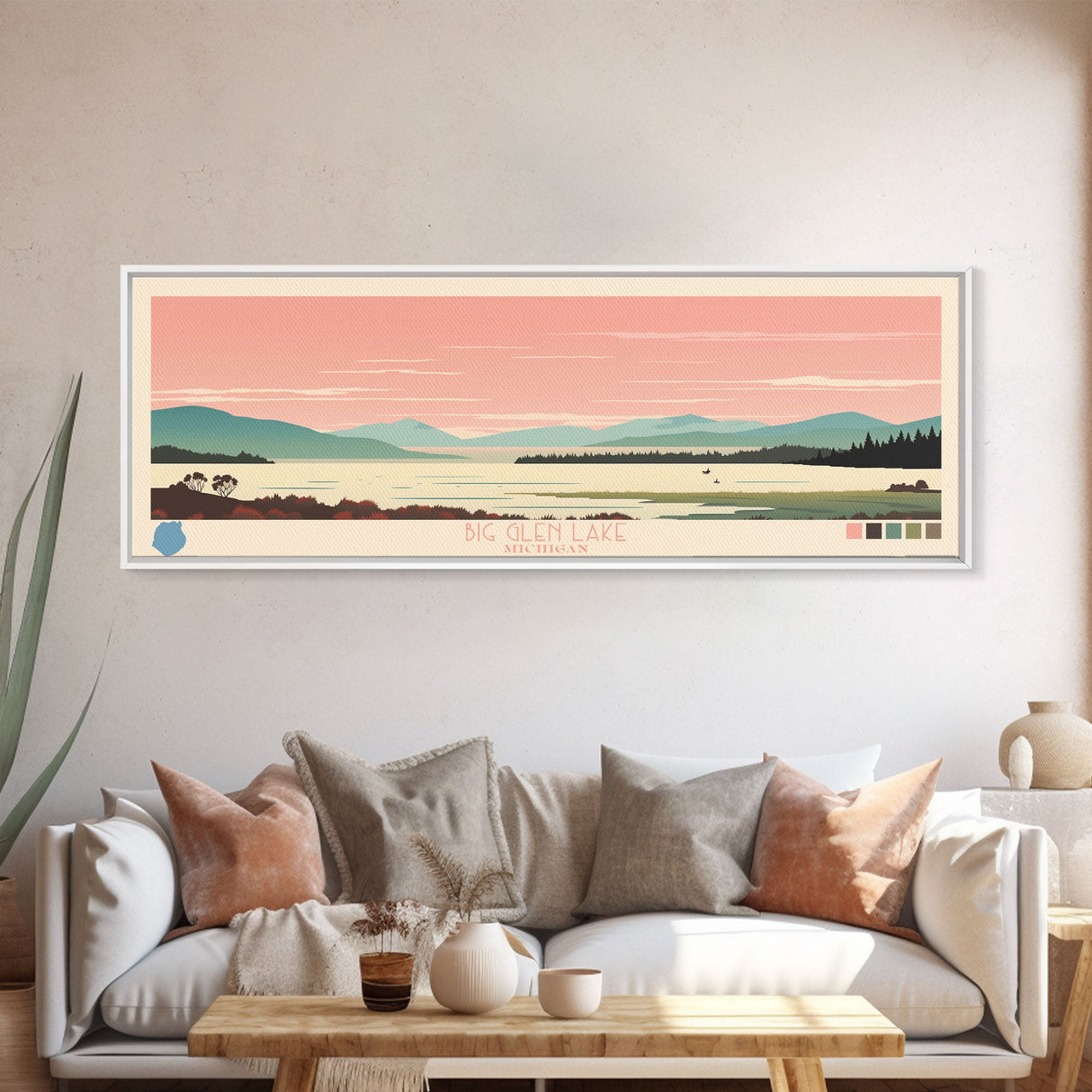 Big Glen Lake Michigan Framed Canvas Print, Panoramic Wall Art, Midcentury Modern, Pop Art, Travel Poster, Scenic Living Room Decor, Bedroom Art